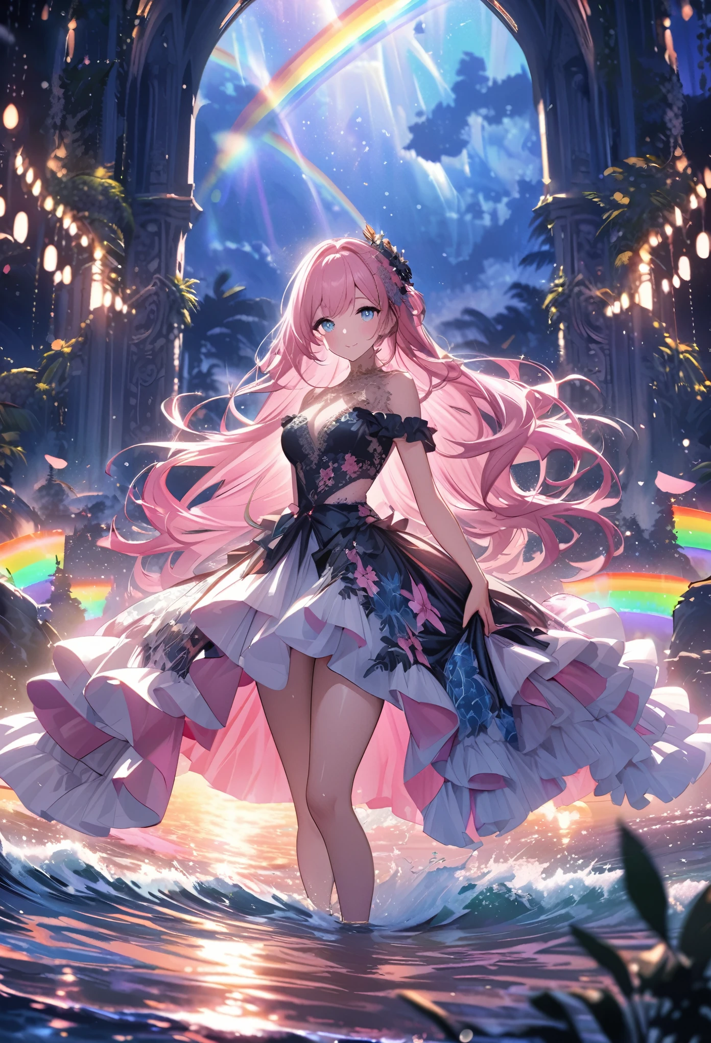 ``A beautiful woman with long pink hair and beautiful eyes wearing an elegant and detailed hawaiian dress.The dress must have intricate designs and patterns to give it a luxurious and luxurious feel.In the background , the image should depict a romantic Hawaiian beach at night with light reflecting off the water and an illuminated bridge across the scene, emphasizing the sparkling effects and rainbows throughout the image. Enhance your look and add special ruffles to your dress to make it stand out.”