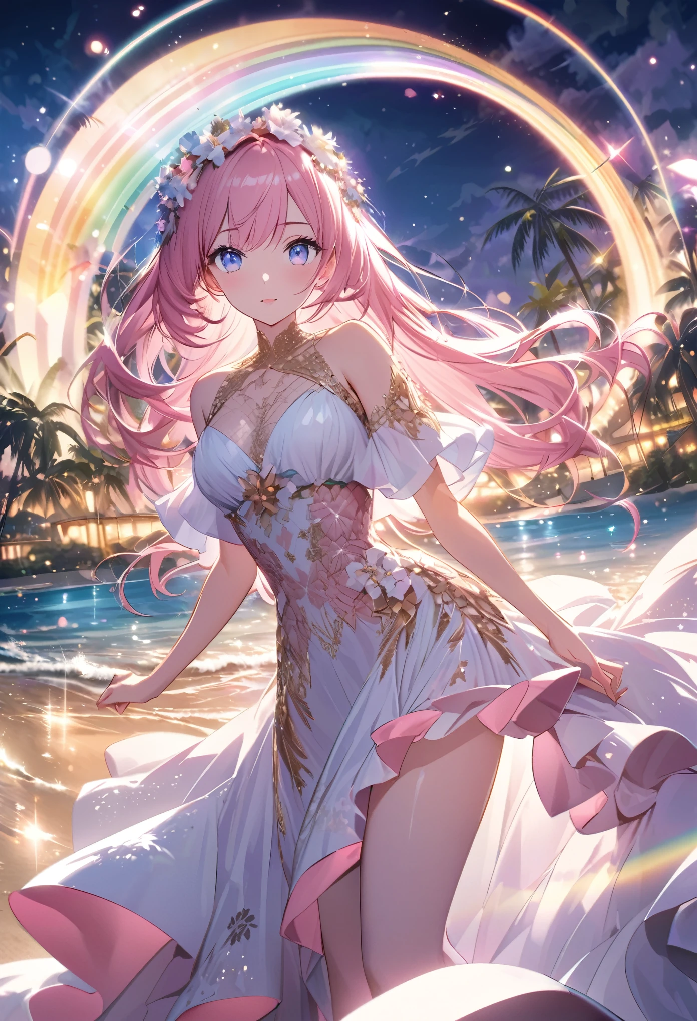 ``A beautiful woman with long pink hair and beautiful eyes wearing an elegant and detailed hawaiian dress.The dress must have intricate designs and patterns to give it a luxurious and luxurious feel.In the background , the image should depict a romantic Hawaiian beach at night with light reflecting off the water and an illuminated bridge across the scene, emphasizing the sparkling effects and rainbows throughout the image. Enhance your look and add special ruffles to your dress to make it stand out.”