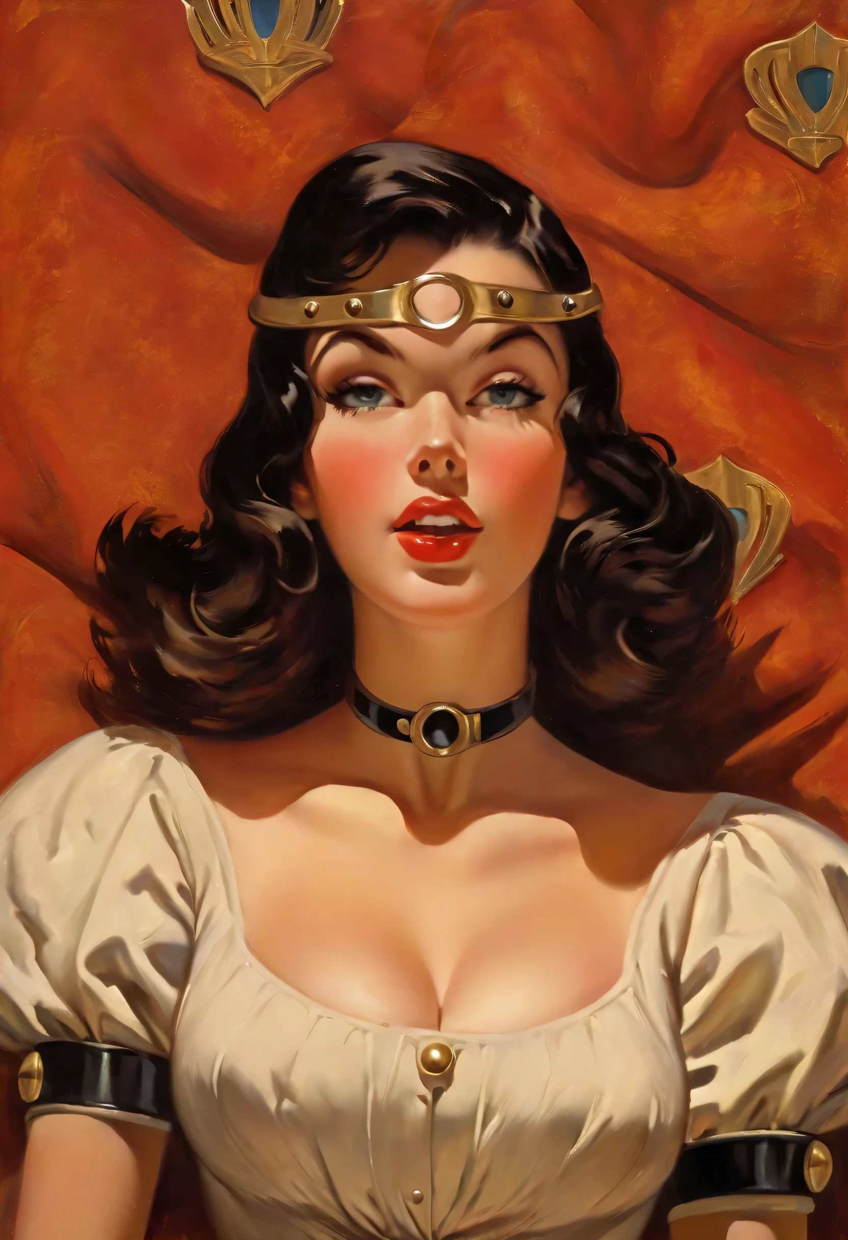 Joanna D'arc, ((vestida com uma armadura medieval completa)), ((corpo inteiro)), cabelos castanhos longos, ruiva, oil portrait, 1960, vintage, pintura vintage, arte da capa do livro pulp scifi, retro pulp art, 1970 s cartaz do filme, pintura de cartazes de filmes, Arte Pulp Vintage , bela pintura com rosto altamente detalhado por Gil Elvgren, pure and innocent expression, texturas de reflexos naturais, cinematic lighting, (((Gil Elvgren )))