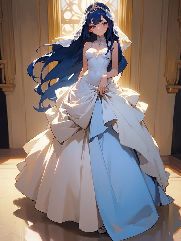 1girl, dark blue hair, long hair, wedding dress, small breasts, happy smile, ballroom, masterpiece, beautiful face, detailed eyes, clean fingers, standing upright, detailed background, full body, standing upright