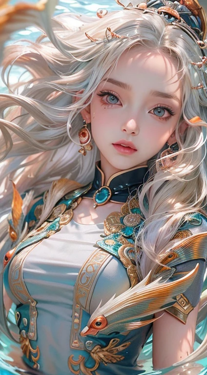 low-teengirl, 10yo, princess of dragon, close-up face, （Highest quality authentic textured skin),(abyssal),(Fine, Round, Symmetrical eyes),Delicate facial features,(Burning bright and cold eyes), she have beautiul tiger eyes, very slim and thin body, naked, nude, (She has a mischievous smile on her face),(Her face is gentle and beautiful),Glass earrings on the ears,,(Blonde hair),(silvery white hair),(Maroon hair),(Swim at the bottom of the sea)，(Full body portrait:1.5),(Dramatic photo:1.4),(dramatic pose),(flamboyant photo)(facing up),(Looking down),(Around her neck hangs a simple necklace of exquisite craftsmanship),A messy painting，(Hair flows in water:1.5),(Underwater, Marine life, Beautiful coral reef, Fish),(Vortices and tidal currents in the background),(Dramaticlight),(Magnificent scene),(Surrounded by beautiful dragon),In the distant background is a temple submerged in a coral reef,the reef,Epic realism,Cinematic feeling,(high-density imaging review:1.5),(Soft color:1.2),Ultra detailed,Dramaticlight,(intricately details:1.1),the complex background,