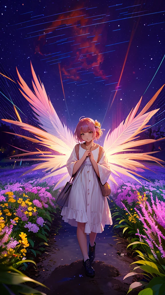 masterpiece、Fondo con((Fantastic starry sky、enjambre kosmoeteor、Flores amarillas luminiscentes por todas partes.、campo de flores))、about 30 years、una chica de belleza、glamour、enorme ti tan grande que casi se desborda de tu ropa、Gran bordado en un mini vestido blanco.、Sin hombro、Exponiendo el pecho、removing it、Lleva el pelo con un hermoso adorno floral.、viento fuerte、bragas