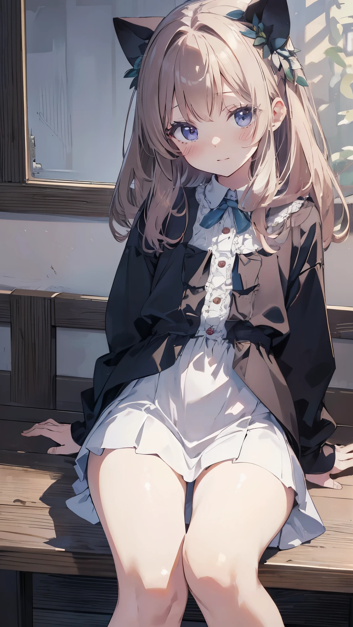 Masterpiece、Highest quality、highest quality、 ((((Petite))))、((Embarrassed))、Shiny hair quality、Small face、Sitting、Super detailed, beautiful, wide eyes、Ultra-detailed, clear and beautiful faces、(cute illustration:1.2), High-resolution, ultra-detailed, best quality, embarrassed、Thighs