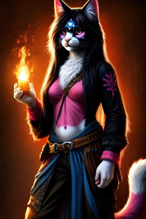 Female, anthro cat, standing, perfect, realistic looking, fur body, fur all over, bioluminescent markings, very long hair, pink fur and black fur, pirate,