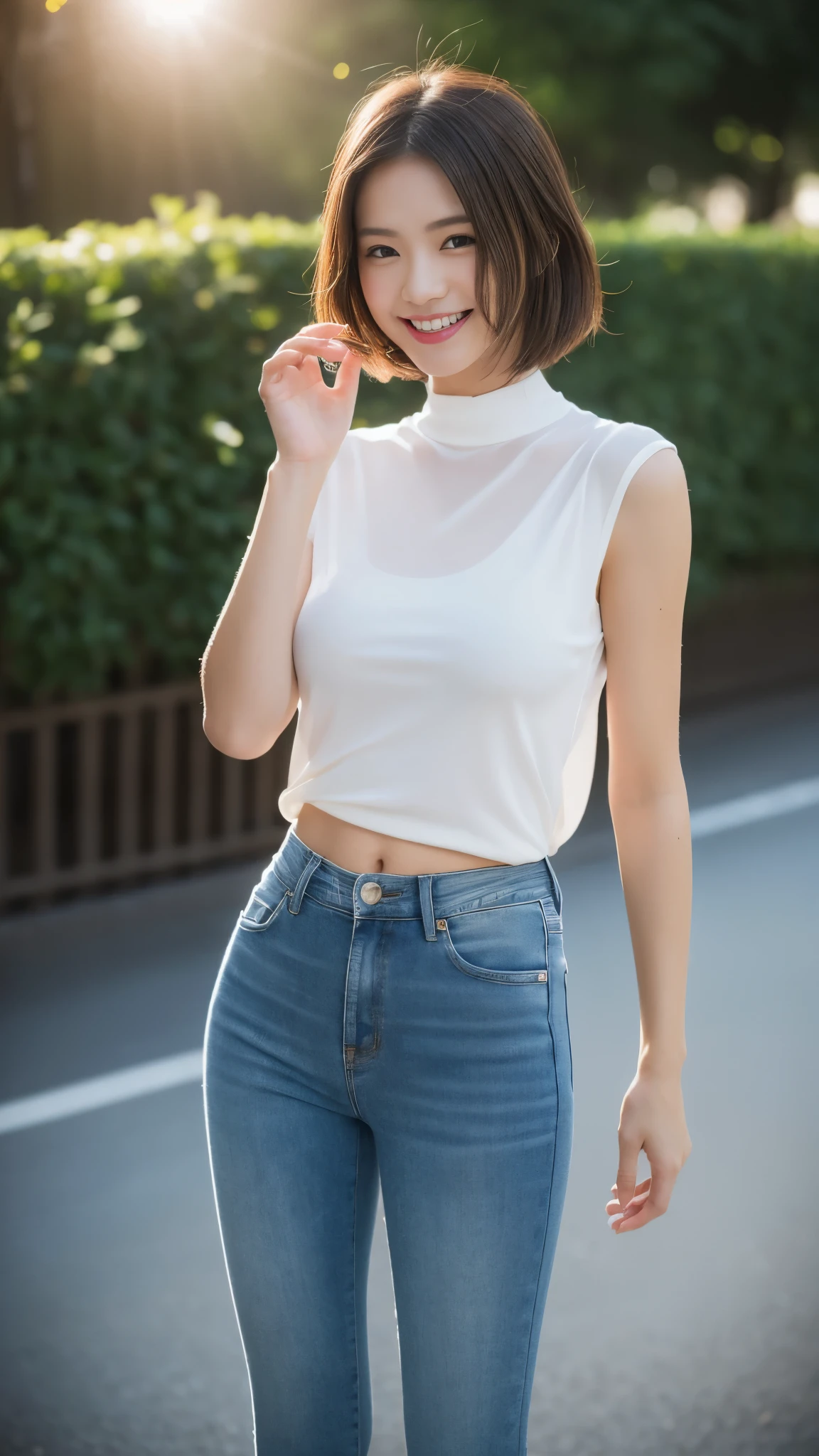 (超A high resolution,RAW Photos,8k,KHD,highest quality,masterpiece:1.5),(Intricate details,Realistically),One very beautiful woman, 30 years old, High resolution, Highly detailed face, (Professional Lighting,Bokeh),(Particles of light,Lens flare brilliance,Luminous Particles:0.6),Gentle soft lighting,Trendy atmosphere,Japanese,Street,Stylish side-wavy short hair,Bobohead, Brown haired, hair is delicate and soft,Spread your wings, Lips parted, mouth紅, Captivating smile, smile, mouth, teeth, There are small dimples,White Swan Neck,Shave your shoulders, Big Chest,(small,Golden ratio numbers),Please wear(Bluish gray)(Perfect fit,Slim fit,体にPerfect fit)Wearing a fashionable white shirt, (Wash Blue)(Fashion Jeans),(Attention to detail in the costumes:1.5), double eyelid,Long eyelashes, Birthmark, (Mole under the eye: 1), Big breasts and small waist,Beautiful ass,Calves are balanced, Thinness:1.2,Small white and soft jade legs,Beautiful toes:1.5,Wear branded fashion sandals:1.0,(Boldness,Coquettish,Playful and beautiful poses,Raised to be sexy,Attractions),Female-centered focus photography,Focus on the hips and crotch,Wide lighting,Natural Shadows,Wide Wide Shot,Close Focus,Full body shot:1.8,Full body photo:1.8