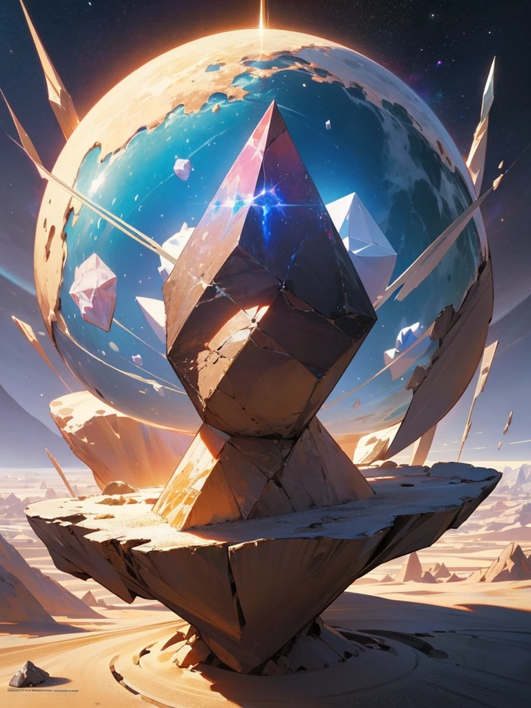 a close up of a large crystal in a desert with rocks, animation style render, atlas, cd cover artwork, orb, flares anamorphic, anamorphic widescreen, platonic solids, space scene, psytrance, movie promotional image, facets