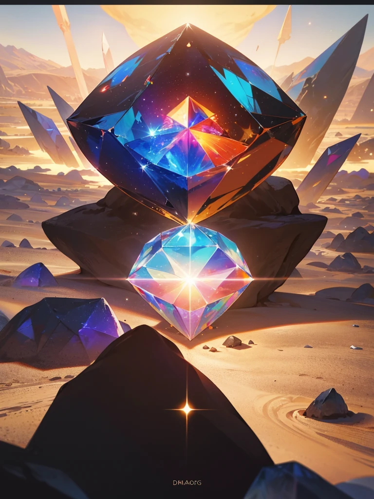 a close up of a large crystal in a desert with rocks, animation style render, atlas, cd cover artwork, orb, flares anamorphic, anamorphic widescreen, platonic solids, space scene, psytrance, movie promotional image, facets