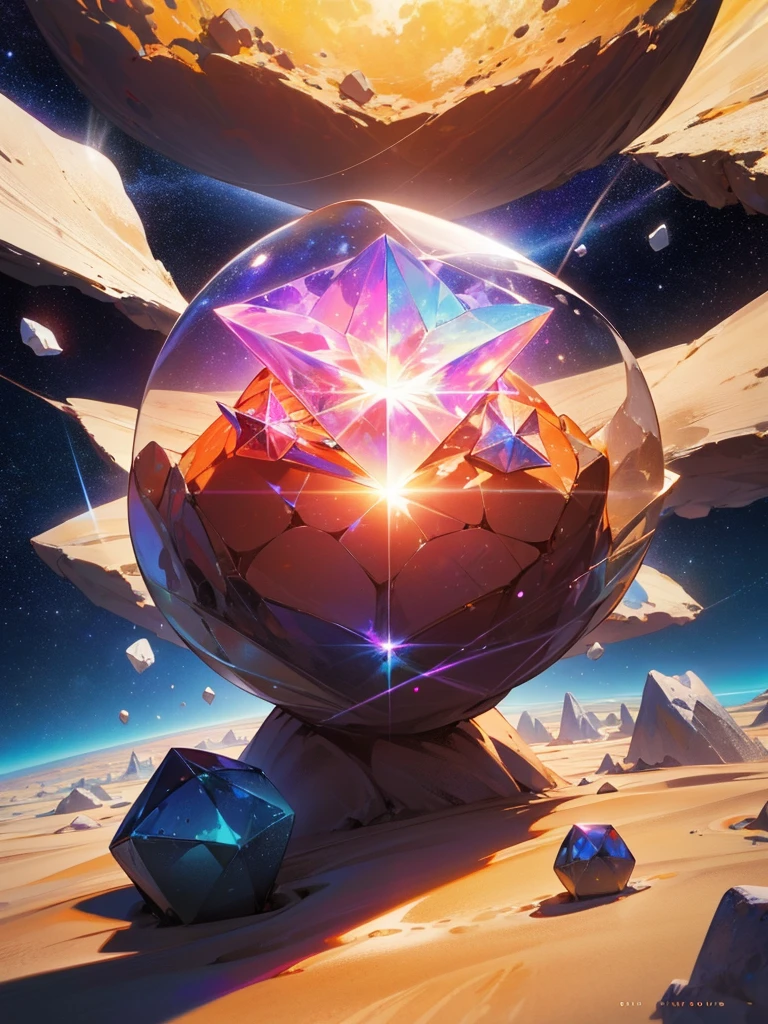 a close up of a large crystal in a desert with rocks, animation style render, atlas, cd cover artwork, orb, flares anamorphic, anamorphic widescreen, platonic solids, space scene, psytrance, movie promotional image, facets