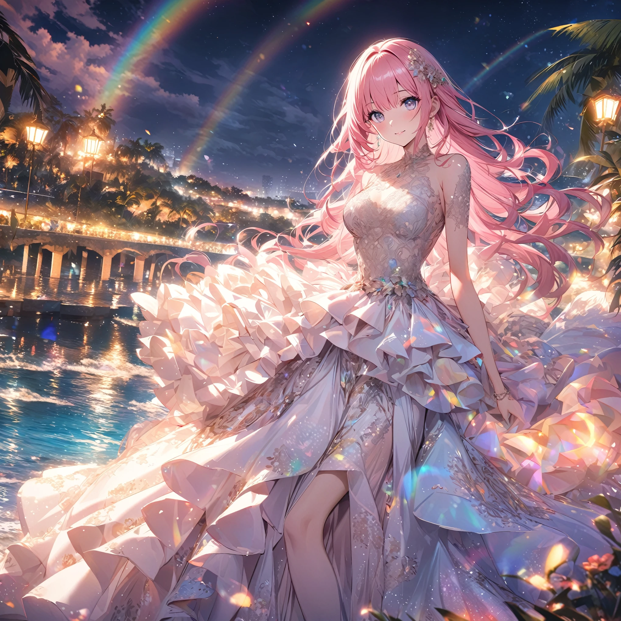 ``A beautiful woman with long pink hair and beautiful eyes wearing an elegant and detailed hawaiian dress.The dress must have intricate designs and patterns to give it a luxurious and luxurious feel.In the background , the image should depict a romantic Hawaiian beach at night with light reflecting off the water and an illuminated bridge across the scene, emphasizing the sparkling effects and rainbows throughout the image. Enhance your look and add special ruffles to your dress to make it stand out.”