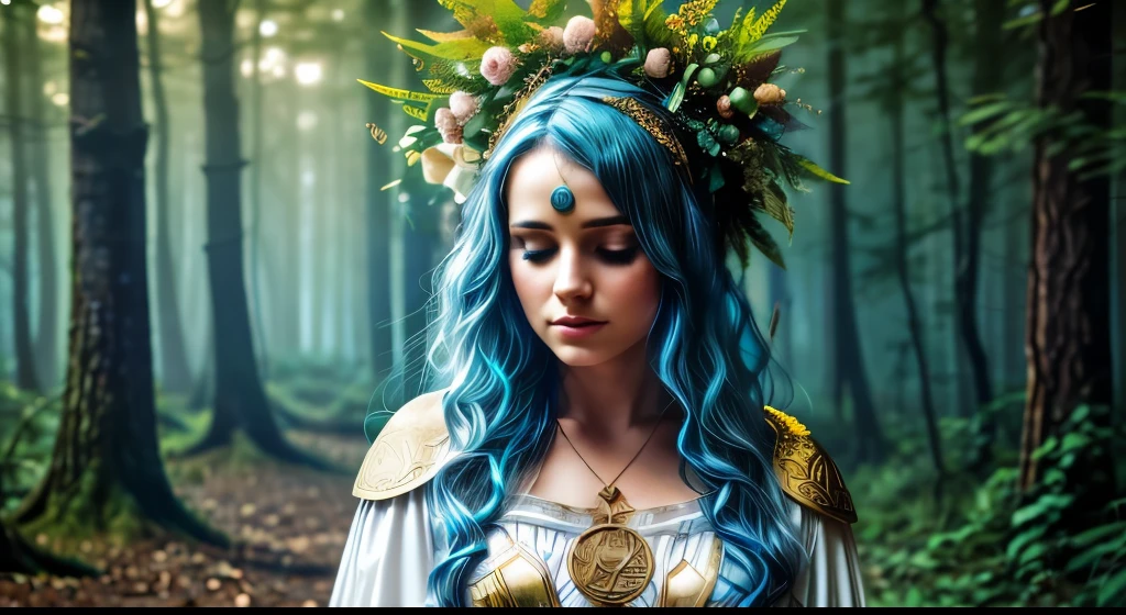 woman in the forest, priestess, magical, mysterious, girl with leaves and flowers on her head, mysterious expression, blue paints on her face, eyes, light skin and hair, dress with white and gold Celtic details, magical atmosphere, small lights around her