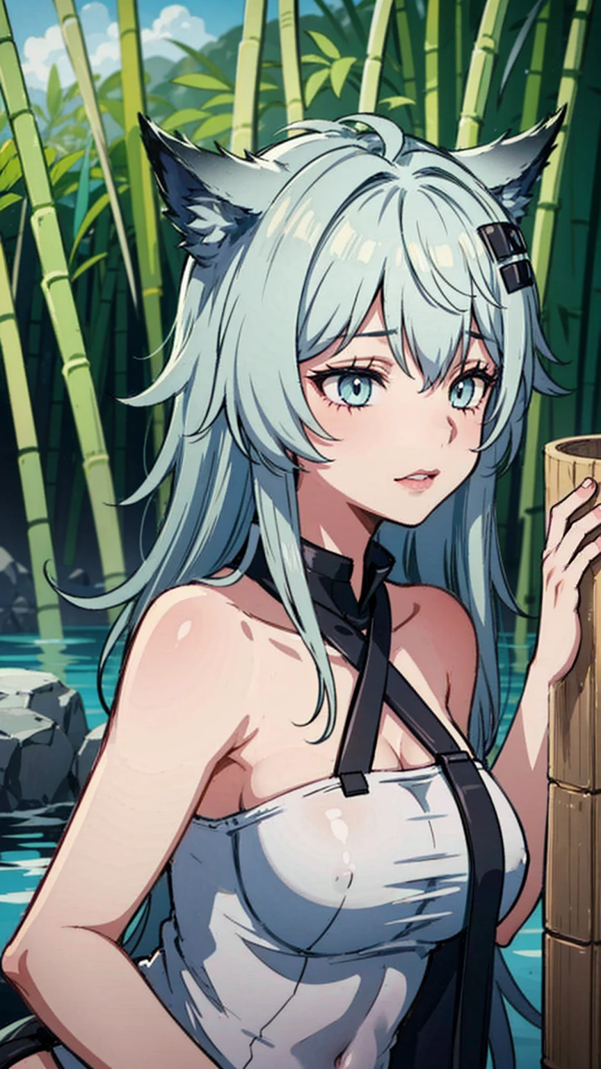 Negative Space, Bisim, girl, Miss,Bare shoulders, (ecchi0.5), Lips, Water splash, (Trees:0.5), (Flowers:0.6) ,(birds:0.2), (Bamboo0.1), lake, Hangzhou, bonian, bonian in background