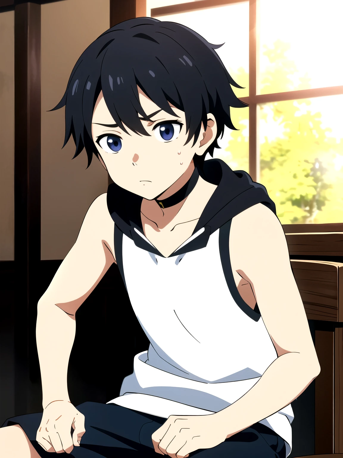 Highres, Masterpiece, Best quality at best,Best Quality,hight quality, hight detailed, 1boy, Boy,Fluffy hair, Side bangs, Shota, Sweat, Sleeveless hoodie, Choker, Collarbone, Depth of field, Anime screencap style, thin line, Sitting on the chair, Seen from the front, Little sweat, Dark skin, Cute boy, (very small and short stature), (very young boy), 12-year-old boys, Blurry and simple beckground, bokeh, Uhd