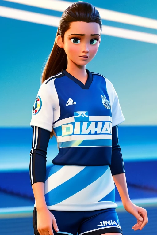 Générez une affiche de style Disney PIXAR avec animé.Elle est une joueuse de football avec une structure physique mince, yeux bleus, ceuveux long et jaune et sourcils fin. Elle porte le maillot du real madrid blanc avec des accents noirs.. His jersey number is 10. L'affiche doit contenir les mots "MADELAINE" Model, attractif, The marocan way, 4k, Ultrarealistic, cartoon
