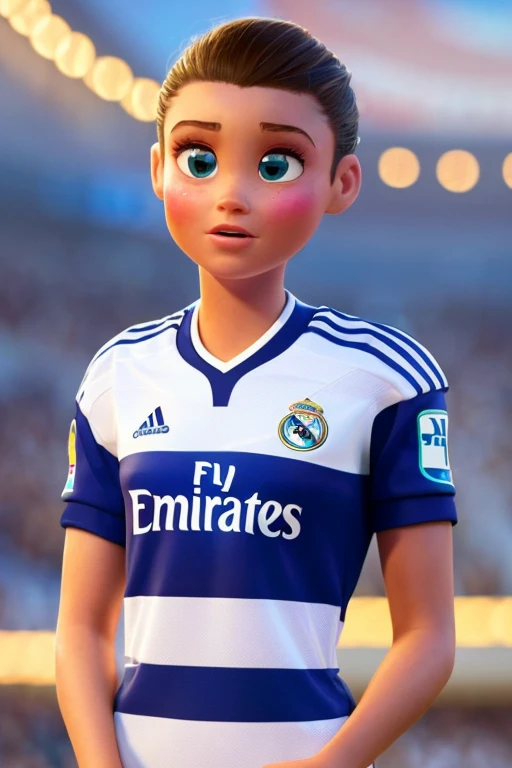 Générez une affiche de style Disney PIXAR avec animé.Elle est une joueuse de football avec une structure physique mince, yeux bleus, ceuveux long et jaune et sourcils fin. Elle porte le maillot du real madrid blanc avec des accents noirs.. His jersey number is 10. L&#39;affiche doit contenir les mots "MADELAINE" Model, attractif, The marocan way, 4k, Ultrarealistic, cartoon