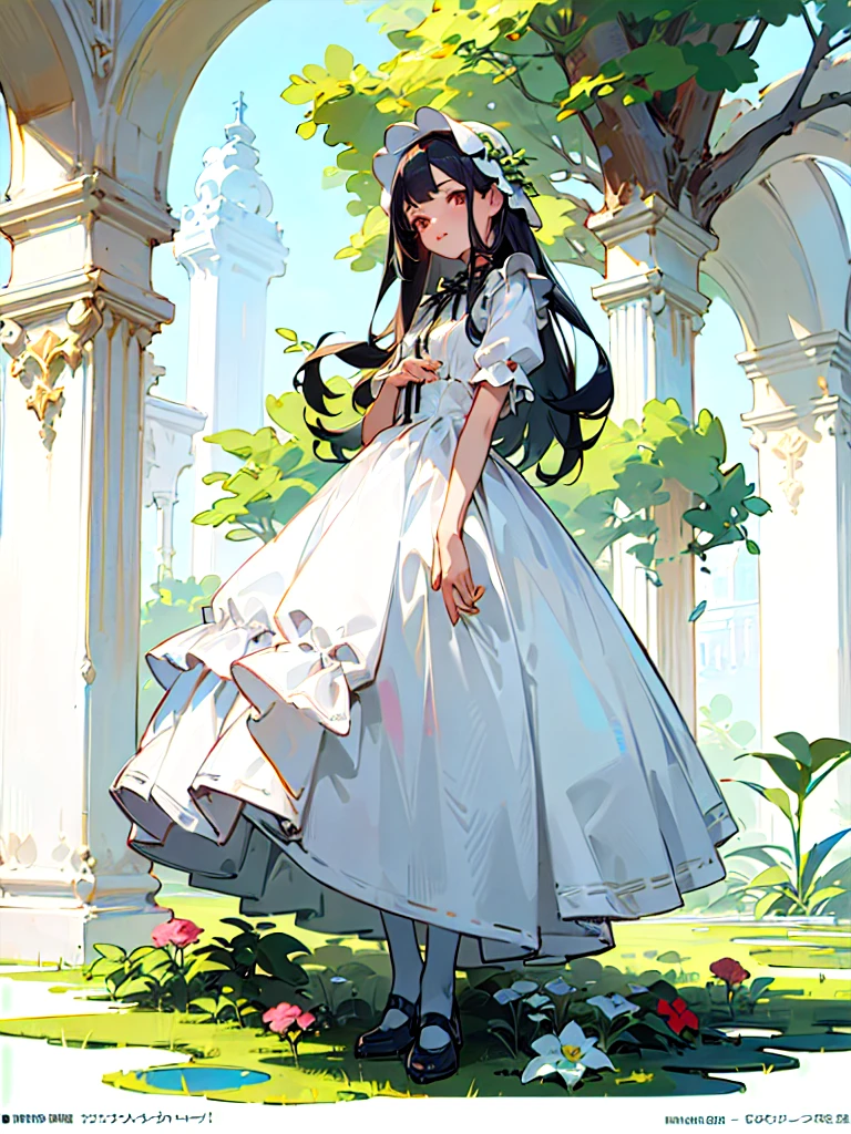 (masterpiece, top quality, best quality, official art, beautiful and aesthetic:1.2), 1girl, long black straight hair,  solo, standing in garden, looking at viewer, white ****ta_dress, 