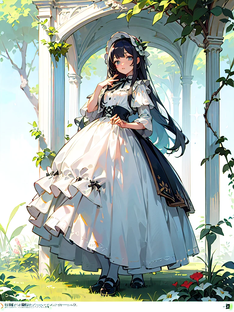 (masterpiece, top quality, best quality, official art, beautiful and aesthetic:1.2), 1girl, long black straight hair,  solo, standing in garden, looking at viewer, white ****ta_dress, 