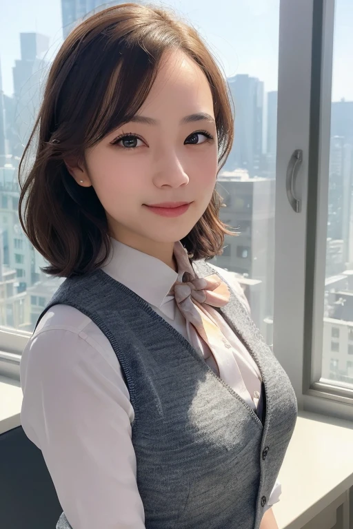 1girl, matured female, vest, bow, photo, realistic, best quality, hires, detailed face, office, buildings from window, detailed background, diffused sunlight, depth of field, bokeh