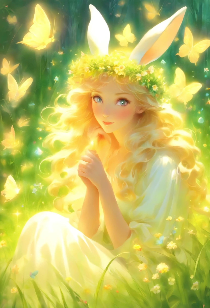 a woman in a white dress, with bunny ears, sitting on green grass, with beautiful flowers around her, colorful eggs, Easter, ethereal beauty, Galadriel, beautiful painting in fantasy style., inspired by Nene Thomas, ethereal fairytale, inspired by Edward Robert Hughes, Oil painting in fantasy style, ethereal!!!!!!!, ethereal!!!, fascinated by the spirit of nature, ethereal fantasy,