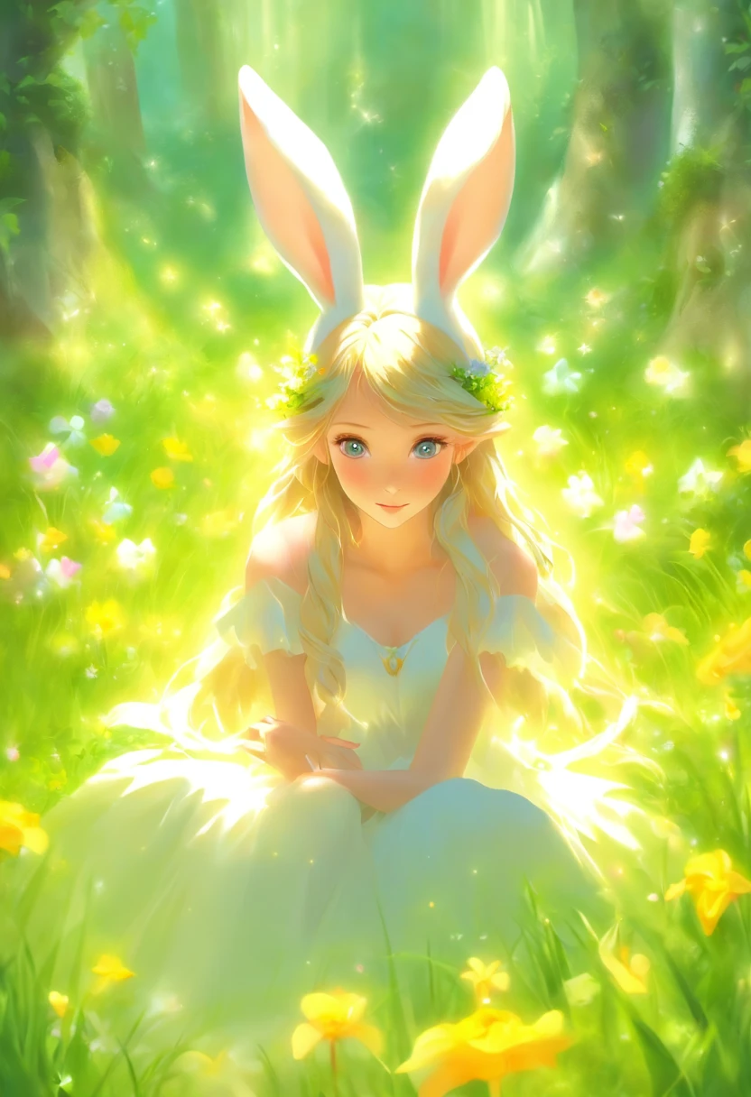 a woman in a white dress, with bunny ears, sitting on green grass, with beautiful flowers around her, colorful eggs, Easter, ethereal beauty, Galadriel, beautiful painting in fantasy style., inspired by Nene Thomas, ethereal fairytale, inspired by Edward Robert Hughes, Oil painting in fantasy style, ethereal!!!!!!!, ethereal!!!, fascinated by the spirit of nature, ethereal fantasy,