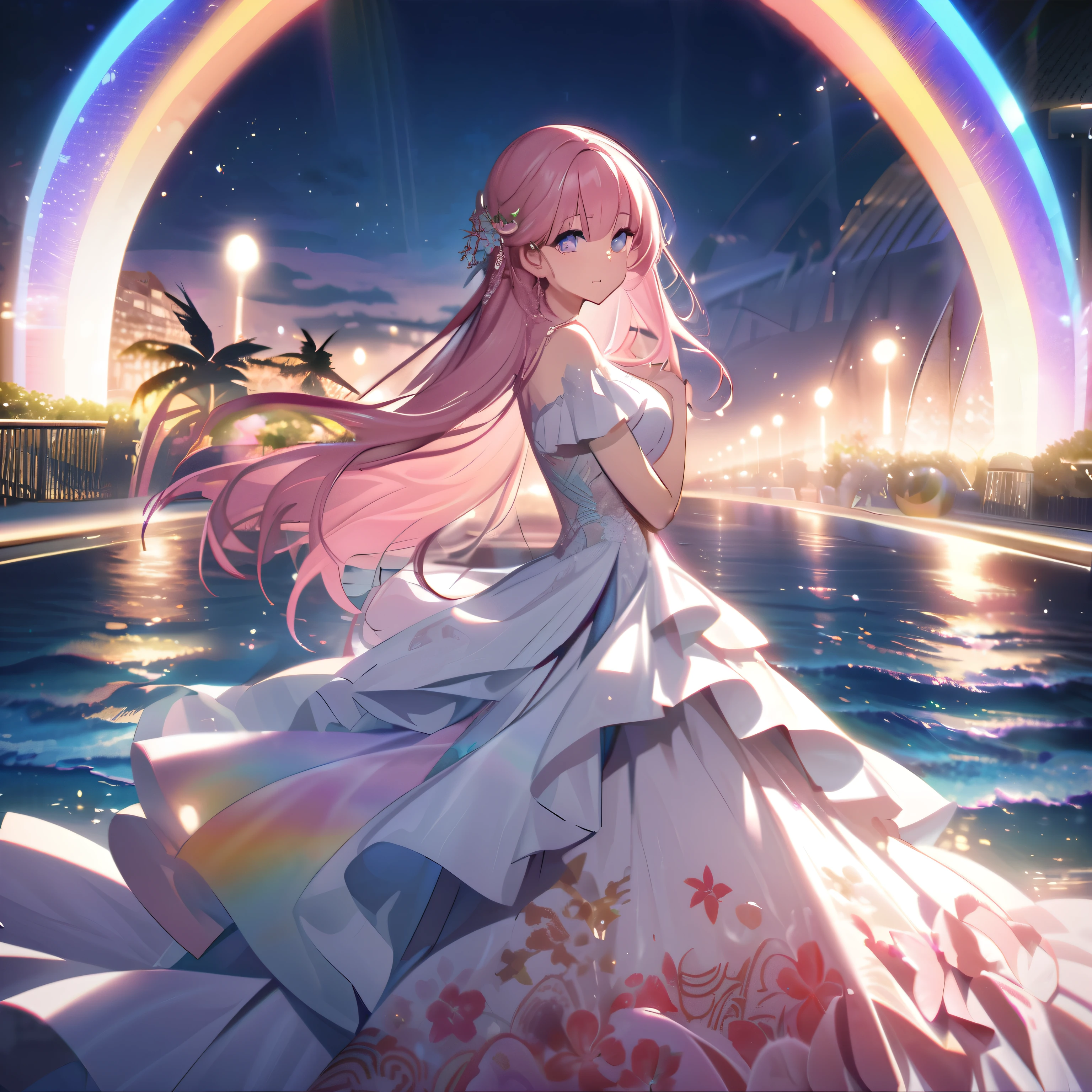 ``A beautiful woman with long pink hair and beautiful eyes wearing an elegant and detailed hawaiian dress.The dress must have intricate designs and patterns to give it a luxurious and luxurious feel.In the background , the image should depict a romantic Hawaiian beach at night with light reflecting off the water and an illuminated bridge across the scene, emphasizing the sparkling effects and rainbows throughout the image. Enhance your look and add special ruffles to your dress to make it stand out.”