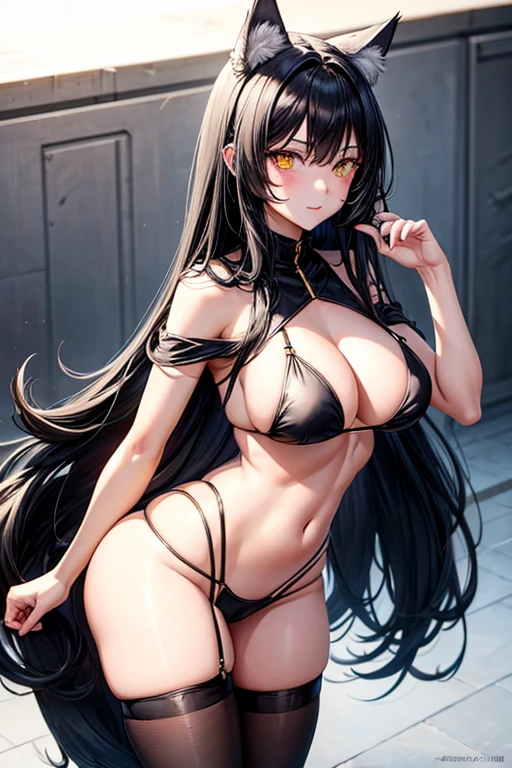 hot girl, beautiful long black hair, bright yellow eyes, sexy black bikini, big but medium breasts, no panties and long black transparent socks, wolf ears, breasts visible
