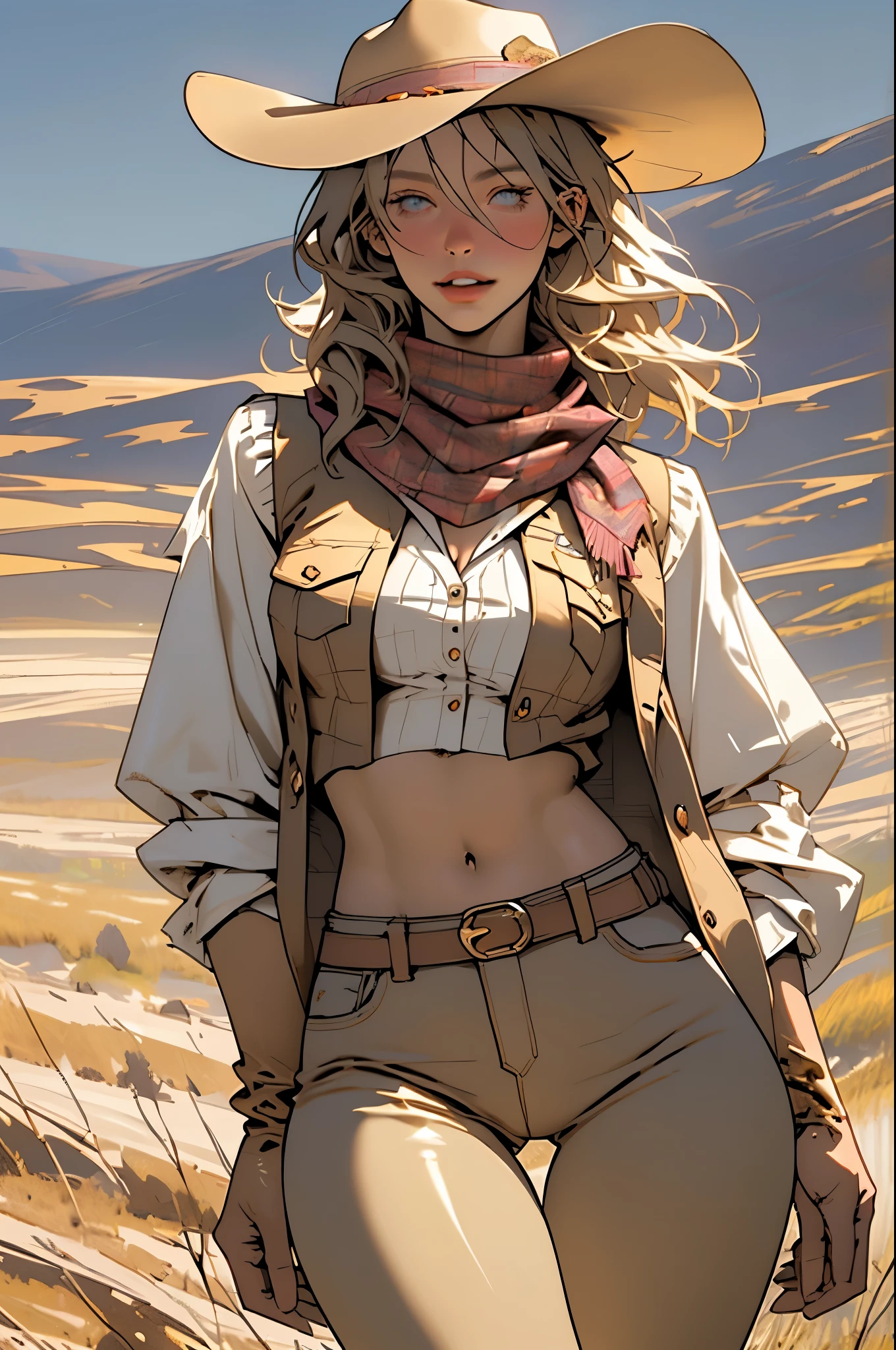 (highest quality, Super detailed, realistic:1.37), outdoor, girl, beautiful face, detailed and beautiful eyes, beautiful detailed lips, cowboy hat, vest with fringes, slim waist, slender thighs, thigh gap, slim thighs, show belly, pants, scarf, With confidence, medium chest, dusty farm landscape, golden hour lighting