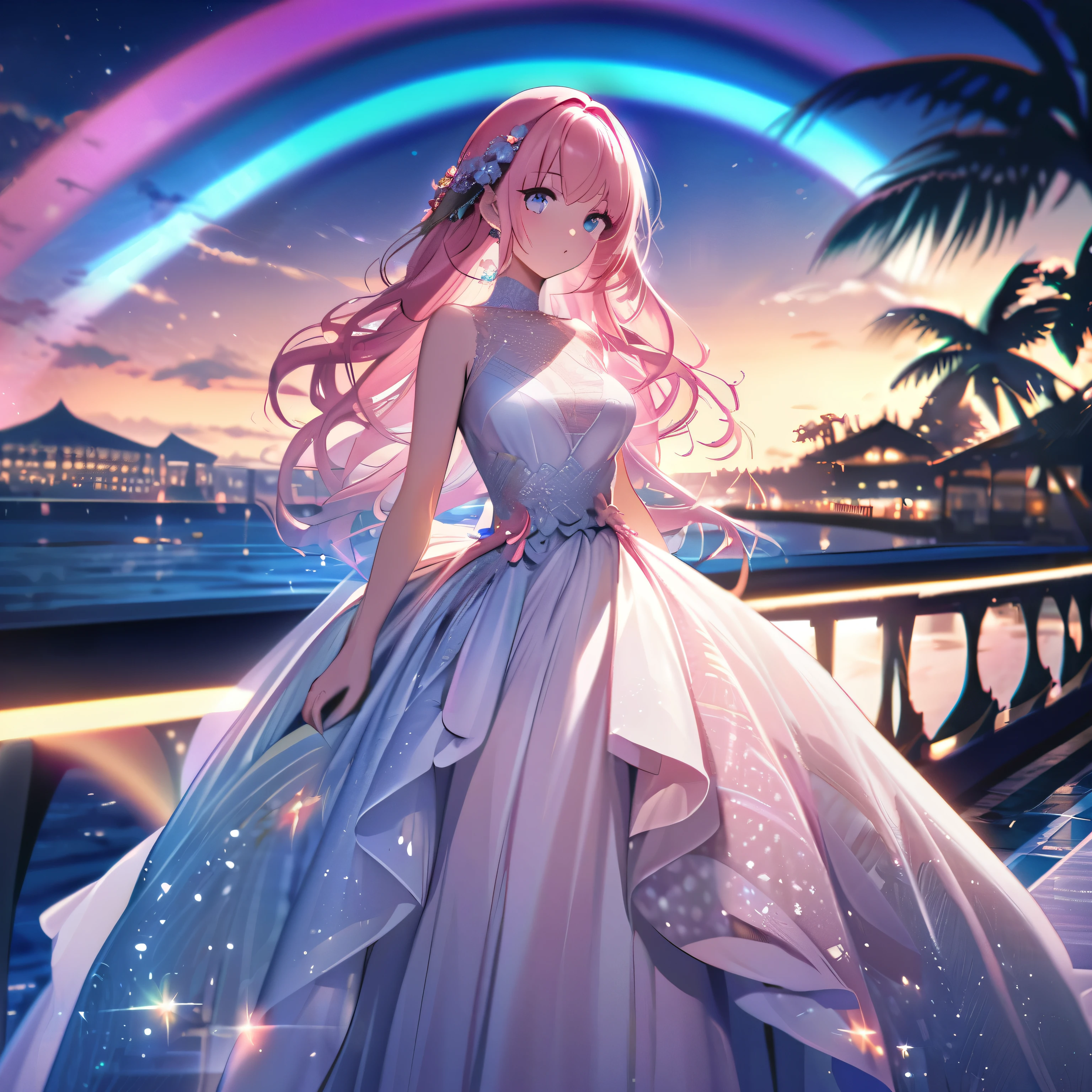 ``A beautiful woman with long pink hair and beautiful eyes wearing an elegant and detailed hawaiian dress.The dress must have intricate designs and patterns to give it a luxurious and luxurious feel.In the background , the image should depict a romantic Hawaiian beach at night with light reflecting off the water and an illuminated bridge across the scene, emphasizing the sparkling effects and rainbows throughout the image. Enhance your look and add special ruffles to your dress to make it stand out.”