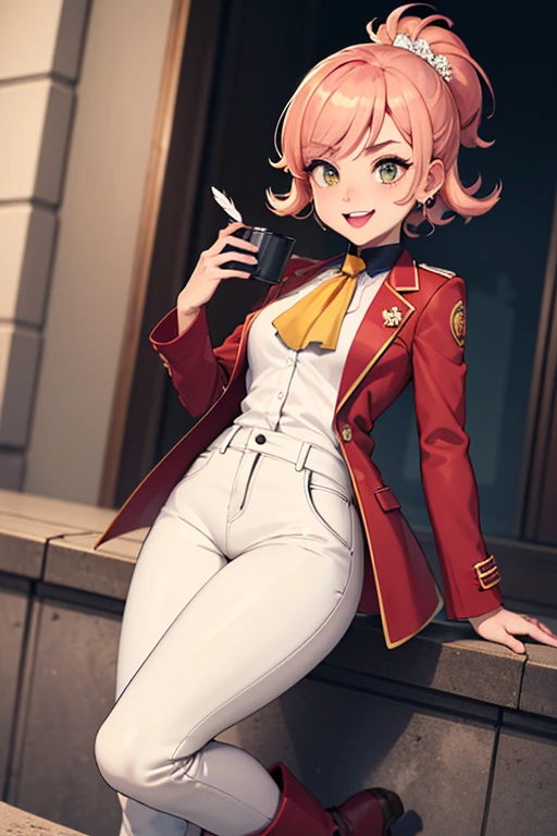 ((obra de arte,melhor qualidade)), absurdos, espadachim_Peach, Sozinho, 1 garota, tem, cabelo loiro, olhos azuis, joia, brincos, Cabelo longo, florete, tem feather, pants, ascot, Rosa vermelha, tem flower, rabo de cavalo, white pants, luvas brancas, botas, Jaqueta azul, mangas compridas, sorridente, olhando para o espectador, tiro de vaqueiro, Film composition,