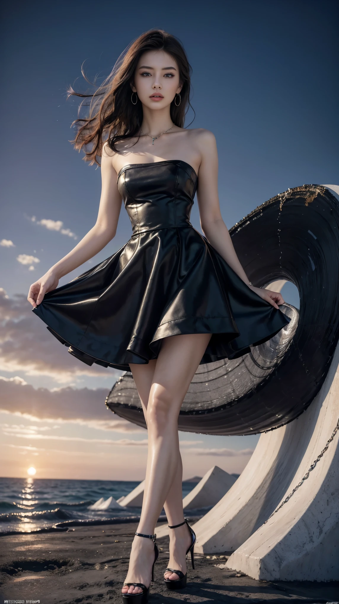 highest quality,masterpiece,Ultra-high resolution,(Actual:1.4),Original photo,Ultra-high resolution,8k,There are also women,Fair skin,Big wave diamond purple and cool black collaboration dress:1.5,High heels,Long legs:1.5,Bright and beautiful,high waist,Flashy makeup using red eyeshadow,