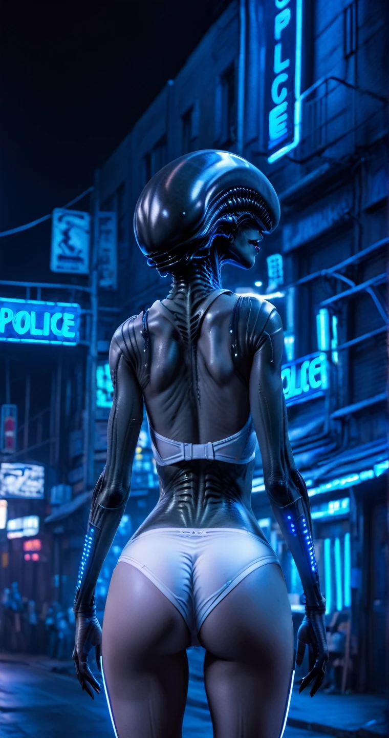 female xenomorph in hands up pose, rear view, looking back, cyberpunk street, wearing undies,  white panties, white bra lips, white bra straps, at night, blue police lights, blue neon signs