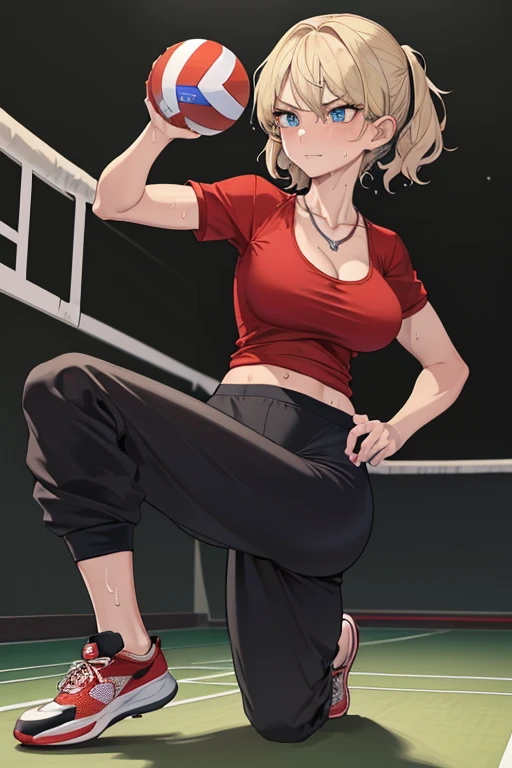 Masterpiece, high resolution, high quality, intricate details, full body portrait, front view, 32 year old woman, attractive woman, mature face, mature beauty, short blonde hair, blue eyes, athletic body, medium breasts, curvy hips, arrogant smile, ((Wearing: Red Gym T-shirt, Black Gym sweat pants, whistle necklace and black tennis shoes)), BREAK, (((Throwing the Beautiful spherical shape 6-inch volleyball))), ((sweat)), (perspired), (heavy breathing), sense of depth, in gymnasium, lighting, looking at viewers