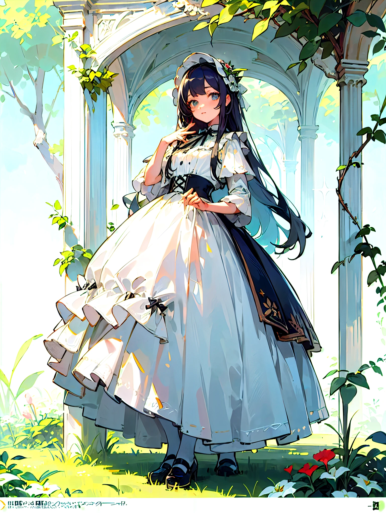 (masterpiece, top quality, best quality, official art, beautiful and aesthetic:1.2), 1girl, long black straight hair, solo, standing in garden, looking at viewer, white ta_dress,