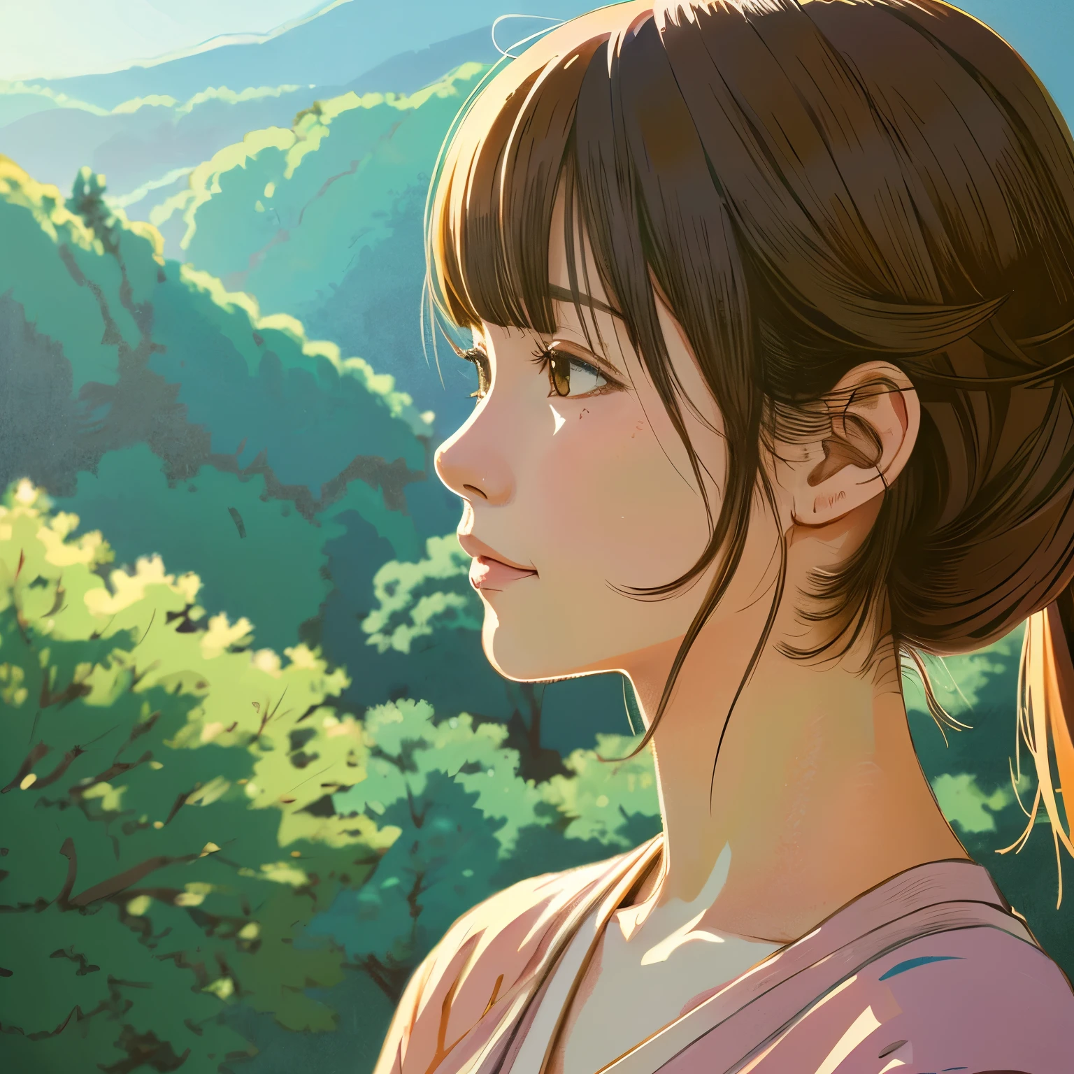 Illustration style、Ukiyo-e、Showa Anime、Woman looking this way、Japanese、The morning sun is shining in the background、Makoto Shinkai style、May、I can see a forest in the distance、 (highest quality, Ultra-detailed, Portraiture, Natural light)