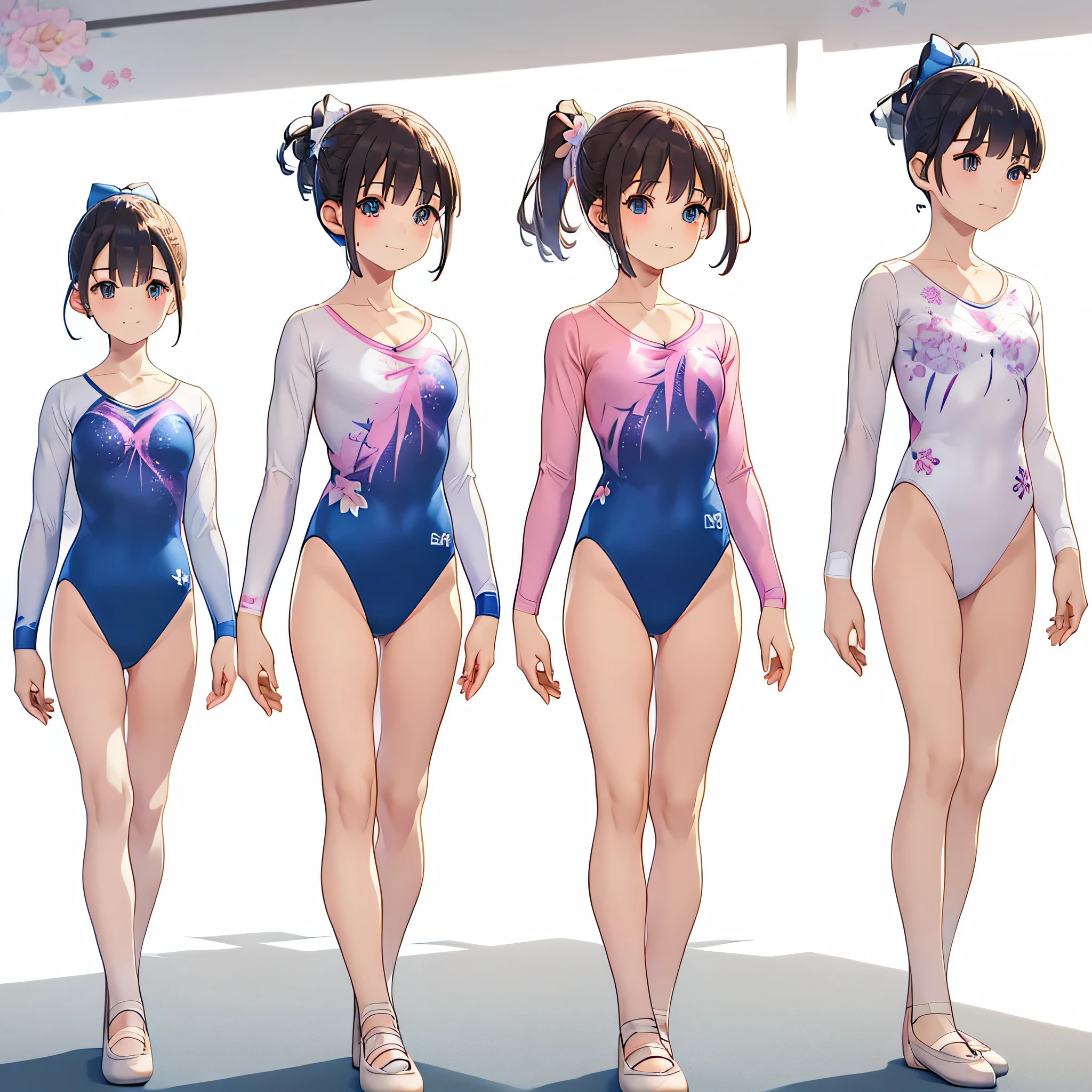 Gymnastics club,(4 girls:1.3),(long sleeves leotard:1.3),(floral print leotard:1.3),(pink and white leotard),full body, pony tail, blue ribbon, long hair, (over 16 years old, under 19 years old:1.2), ballet shoes, white background