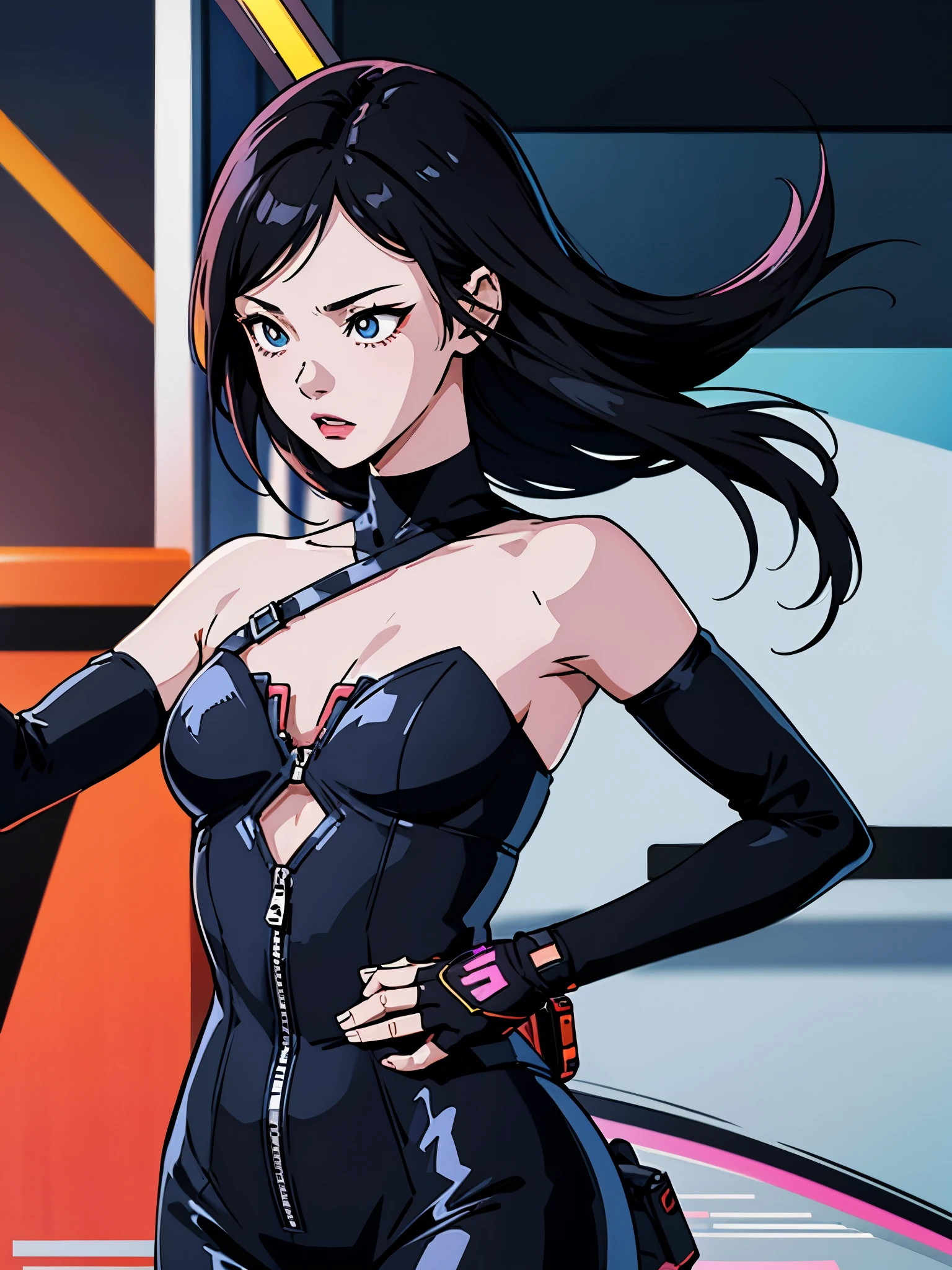digital art drawing, illustration of (girl, long dark black hair mid part, brown eyes, sexy facial expression, flat chest, light blue corsette, single arm black sleeve, cyberpunk 2077), anime drawing/art, bold linework, illustration, digital art, masterpiece, flat illustration, no shadows, 8k resolution, high detail, vector art, only anime, perfect eyes, perfect hands, perfect fingers, sharpness, high clarity, medium close up, high fidelity