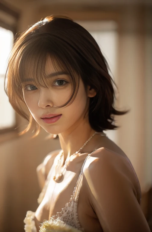 (Photorealistic:1.5, Tabletop:1.5, 8k, RAW shooting), (highest quality, masterpiece, 超A high resolution), Professional camera work, Highly detailed skin and facial textures:1.3, Grow light effect, Ultra-detailed, Mysterious portrait, Perfect dynamic composition, One Girl, (On the roof, Strong sunlight:1.3, Sunlight pouring down from above:1.3, Strong sunlightが画面いっぱいに広がる:1.5), (White silk lingerie), (Taking photos with blur:1.4, Fogging up the lens:1.4), Model Body Type, Beautiful and clear face, (Beautiful erotic eyes:0.9, A dreamy look:1.0, I love you dearly:0.8, Open your mouth a little, A taste that exudes beautiful eroticism:0.7), (Dark brown medium hair, Hair fluttering in the wind), Medium chest, necklace), (Tilt, get up), ((Attractions))