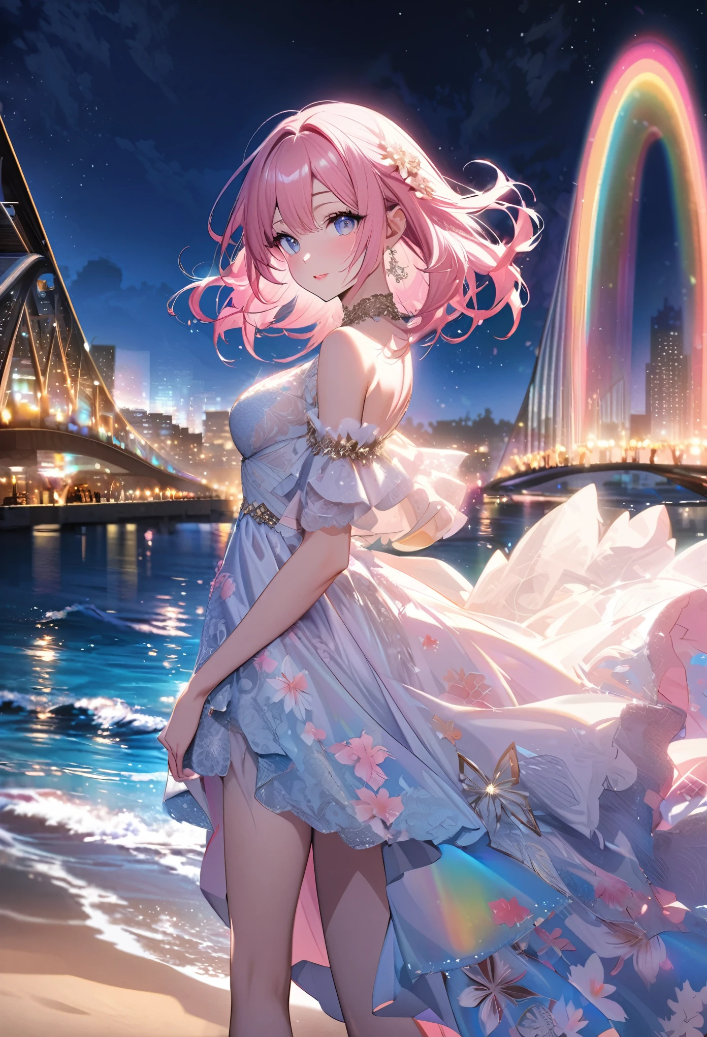 ``A beautiful woman with long pink hair and beautiful eyes wearing an elegant and detailed hawaiian dress.The dress must have intricate designs and patterns to give it a luxurious and luxurious feel.In the background , the image should depict a romantic Hawaiian beach at night with light reflecting off the water and an illuminated bridge across the scene, emphasizing the sparkling effects and rainbows throughout the image. Enhance your look and add special ruffles to your dress to make it stand out.”