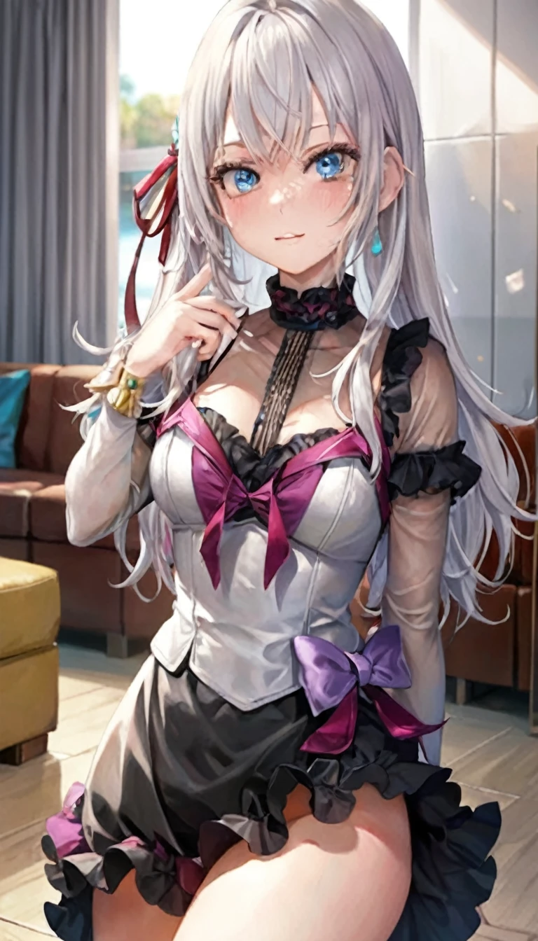 obra maestra，High quality CG illustration，Cinematic lighting effects，Detalles faciales ultra detallados，ojos detallados，La mejor calidad en el mejor de los casos，Trabajo de nivel de obra maestra，Alyssa Kuru，1 chica，Bikini mariposa，Pelo largo y blanco，eOjos azules，Enfoque individual，desprecia a un espectador,  manos en la espalda。