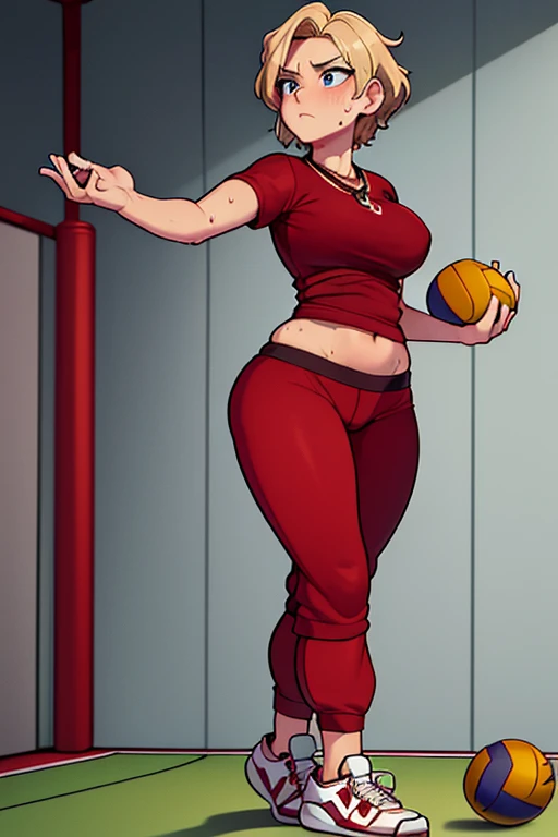 Masterpiece, high resolution, high quality, intricate details, full body portrait, front view, 32 year old woman, attractive woman, mature face, mature beauty, short blonde hair, blue eyes, athletic body, medium breasts, curvy hips, arrogant smile, ((Wearing: Red Gym T-shirt, Black Gym sweat pants, whistle necklace and black tennis shoes)), BREAK, (((Throwing the Beautiful spherical shape 6-inch volleyball))), ((sweat)), (perspired), (heavy breathing), sense of depth, in gymnasium, lighting, looking at viewers