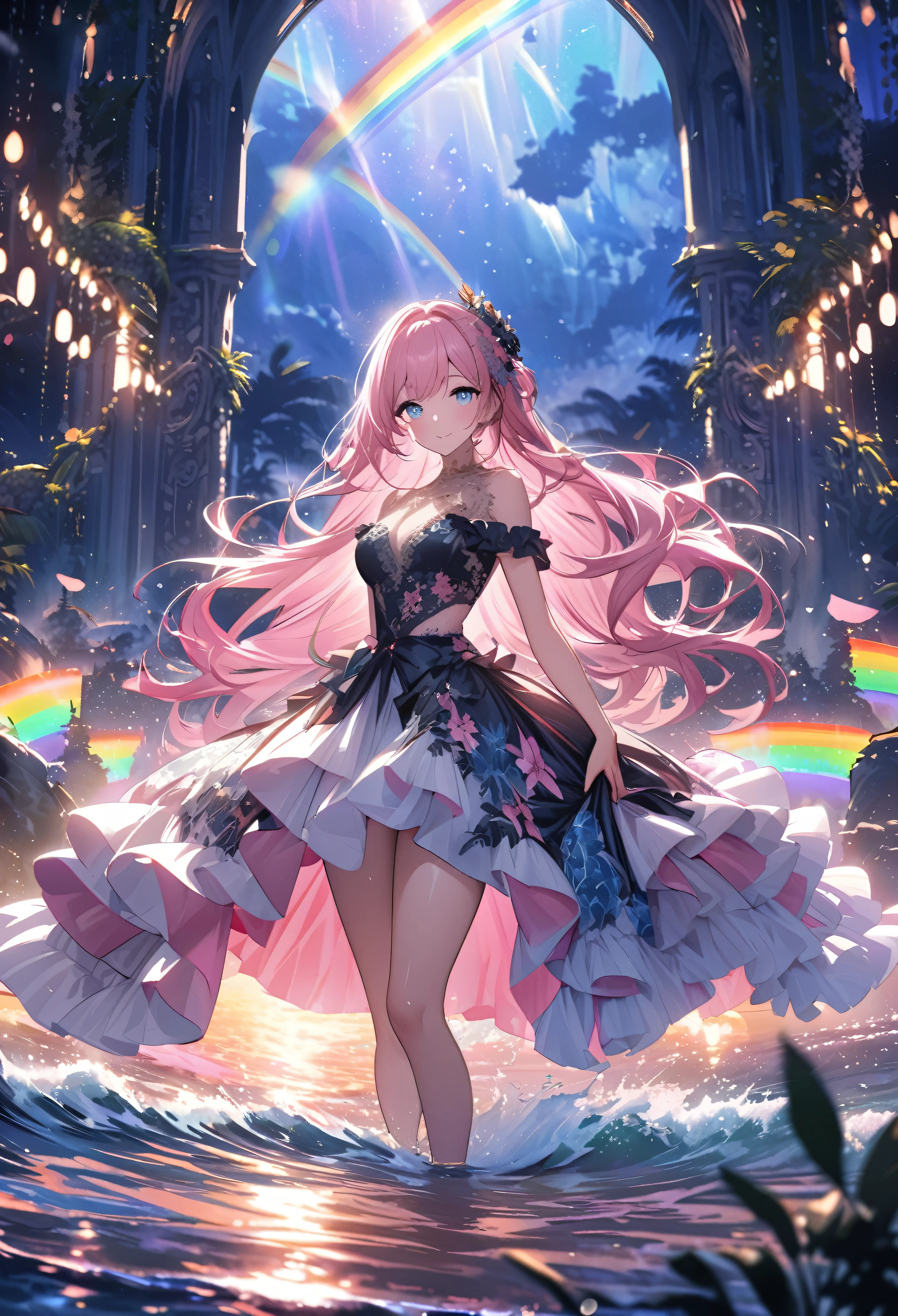 ``A beautiful woman with long pink hair and beautiful eyes wearing an elegant and detailed hawaiian dress.The dress must have intricate designs and patterns to give it a luxurious and luxurious feel.In the background , the image should depict a romantic Hawaiian beach at night with light reflecting off the water and an illuminated bridge across the scene, emphasizing the sparkling effects and rainbows throughout the image. Enhance your look and add special ruffles to your dress to make it stand out.”