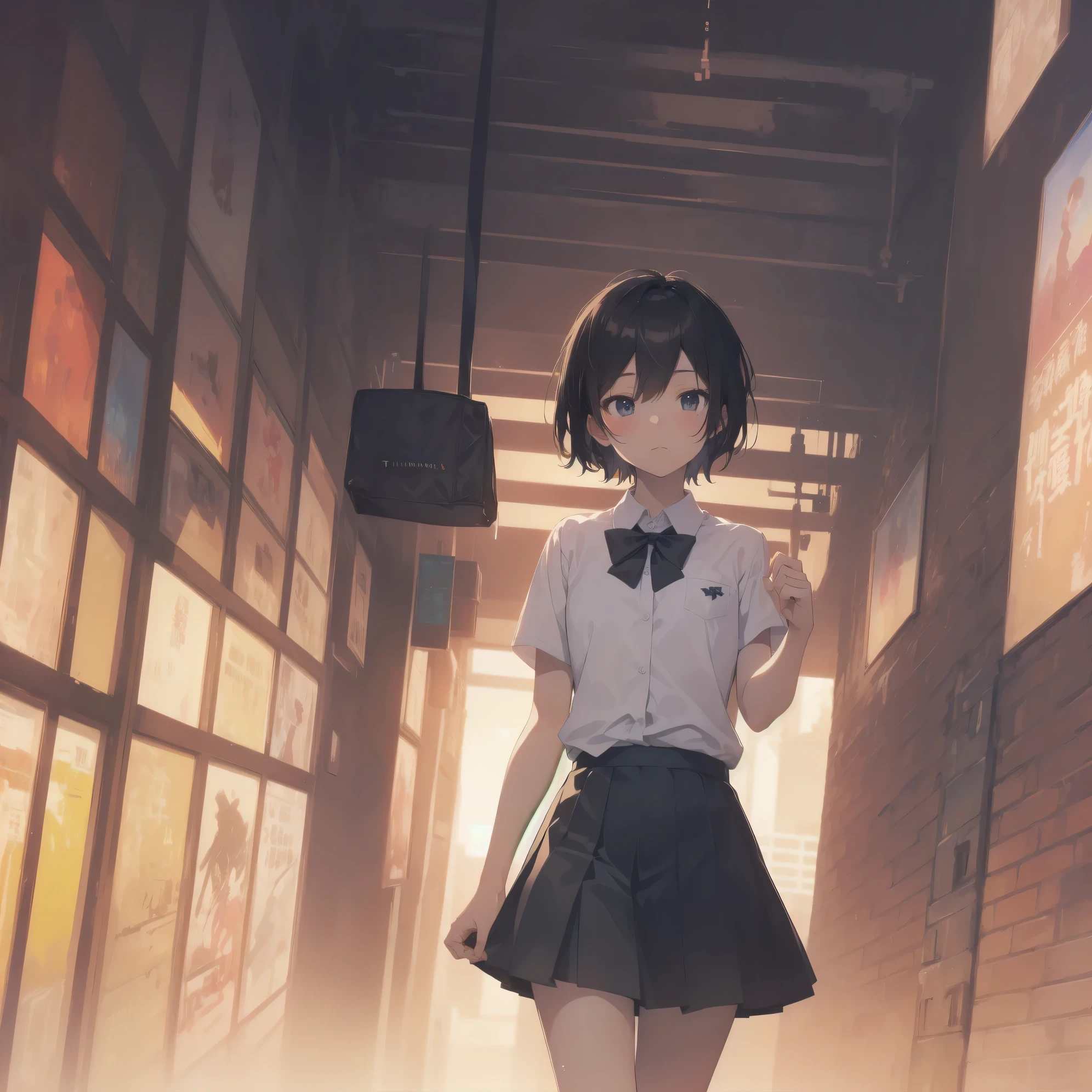 ultra-absurdres-Top quality by artist God, ultra-detailed, high resolution, anime moe artstyle, best anime 8k konachan wallpaper, pixiv contest winner, pool:2810, perfect anatomy,break, 1girl, (Please draw a girl walking sleepily to school alone. )break,(Solo,little female, 13-year-old:1.3),Full limbs, complete fingers,a junior high school student, (very short hair), short cut, flat chest, , small butt, small black eyes, beautiful detailed eyes, well-proportioned iris and pupils, expressive eyes, highres detailed hair, soft expression, school_uniform, bowtie, collared shirt. pleated skirt,(Detailed Lighting), (Detailed background), in the School commute route. break,super detailed skin, Best cinematic lighting powered by famous artist, 8k,beauty illustration,photoshop_(medium),very aesthetic,break,((artist:tianliang_duohe_fangdongye )), artist:bolze ,artist:oyari ashito ,artist:kantoku ,