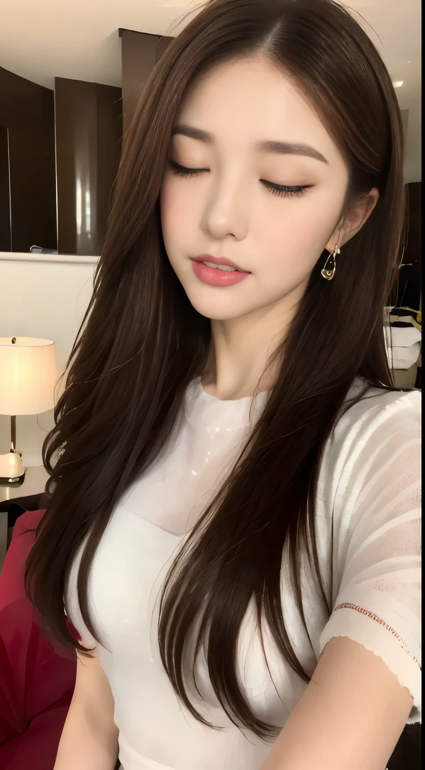 ((highest quality, 8k, masterpiece :1.3)), One girl,Asking for a kiss:1.2 ,((close your eyes:1.3)),blush:1.2, Red lipstick:1.2,Dark lipstick:1.2,Slim face, Beautiful woman, Big Breasts:1.3, Highly detailed face, double eyelid, night, night景, skyscraper, Hotel,bedroom,,Staring at the camera,White loose blouse,flare skirt,(masterpiece: 1.3), (Maximum resolution: 1.4), (Ultra high definition: 1.2), Cinematic Light, Ultra high definition, (Detailed eyes and skin), (Detailed faceの特徴), 8k resolution, Perfect Style, Beautiful expression、非常にDetailed faceと肌の質感、Detailed face,Thin cheeks,((Pure white skin:1.1)),Glossy Lips:1.2,((Full Body Shot:1.2)),(Straight Hairstyles、Light brown hair),One Length,175cm,