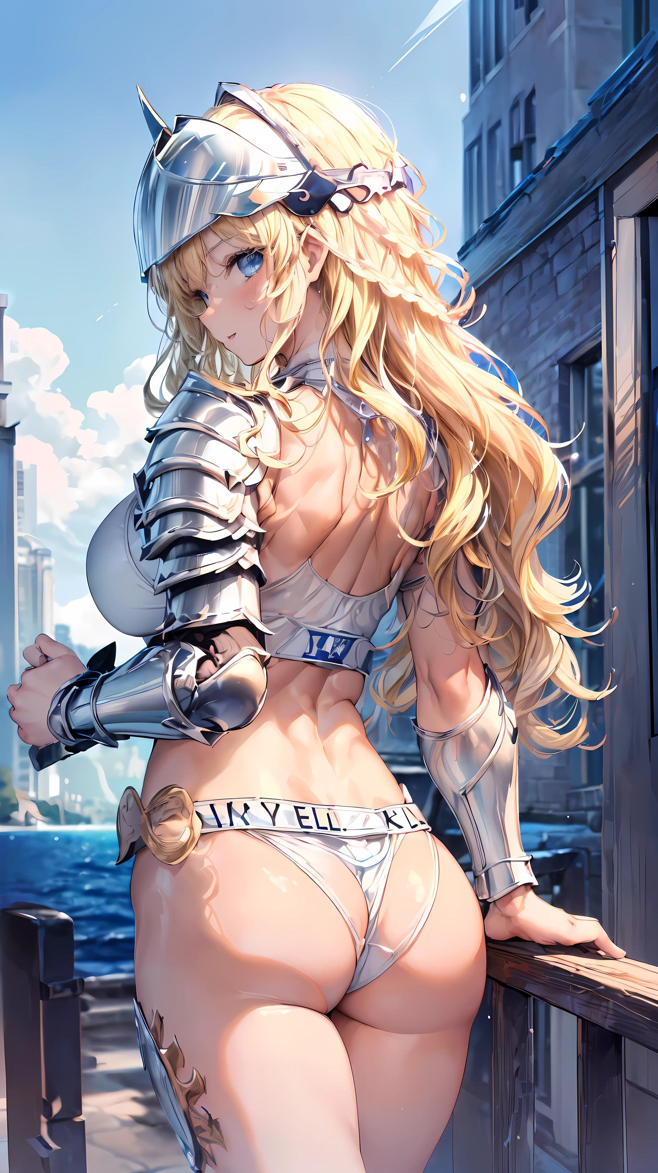 (Adult women:1.5)、Very detailed、highest quality、Best image quality、masterpiece、8k、Anime Face、A kind smile、Open your mouth、Sparkling blue eyes、(Blonde Wavy Hair:1.5)、、Muscles of the whole body、T-back thong、Thigh belt、(Wearing white bikini armor:1.5)、(Cowboy Shot:1.5)、(Leg armor:1.5)、(Wearing a helmet:1.5)、(Rear view:1.5)