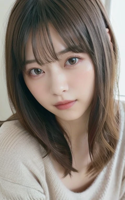 masterpiece, highest quality, 8k, 20th Generation, Large Breasts, cute, alone, sad, cute, Girlish, Delicate girl, Pure beauty, RAW Photos, Professional photography, Portraiture, Soft Light, Professional Lighting, Backlight, Upper Body, avert your eyes, Sophisticated, Film Grain, (Eyes and facial details:1.0), Short floating hair, Beautiful, flowing hair, bangs, (Cashmere sweater on the skin(pastel colour))、(Large Breasts:1.0)、You can see a little cleavage、Dolly Makeup、Odd Eye、The colour of the left and right eyes are different