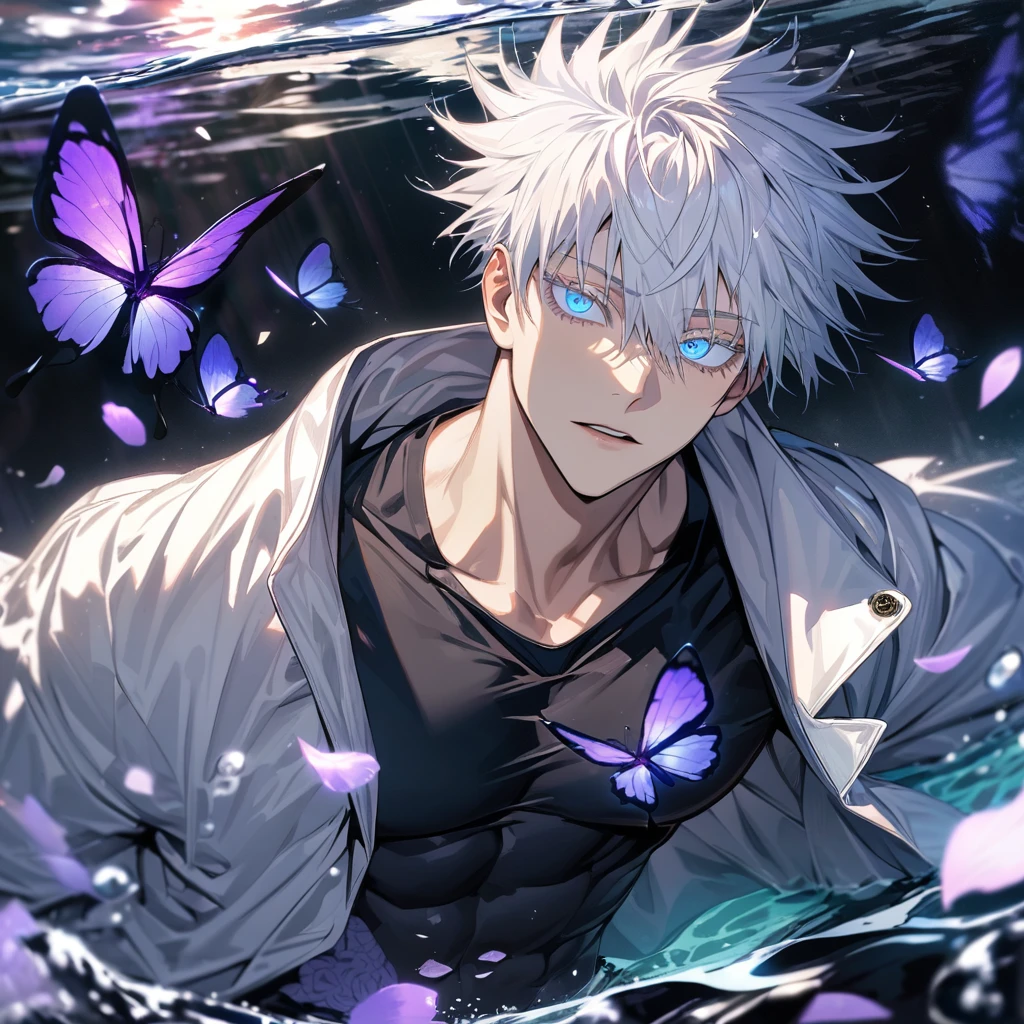 Ultra detailed, Highres, absurdres, HDR, Gojou Satoru, white hair with bangs, hair between the eyes, blue eyes, white eyelashes, white long coat with patterns, Jujutsu Kaisen, purple flowers, petals, extremely handsome, sexy man, toned chest, solo, very detailed eyes and face, black gloves, water, purple butterflies, black tight t-shirt,