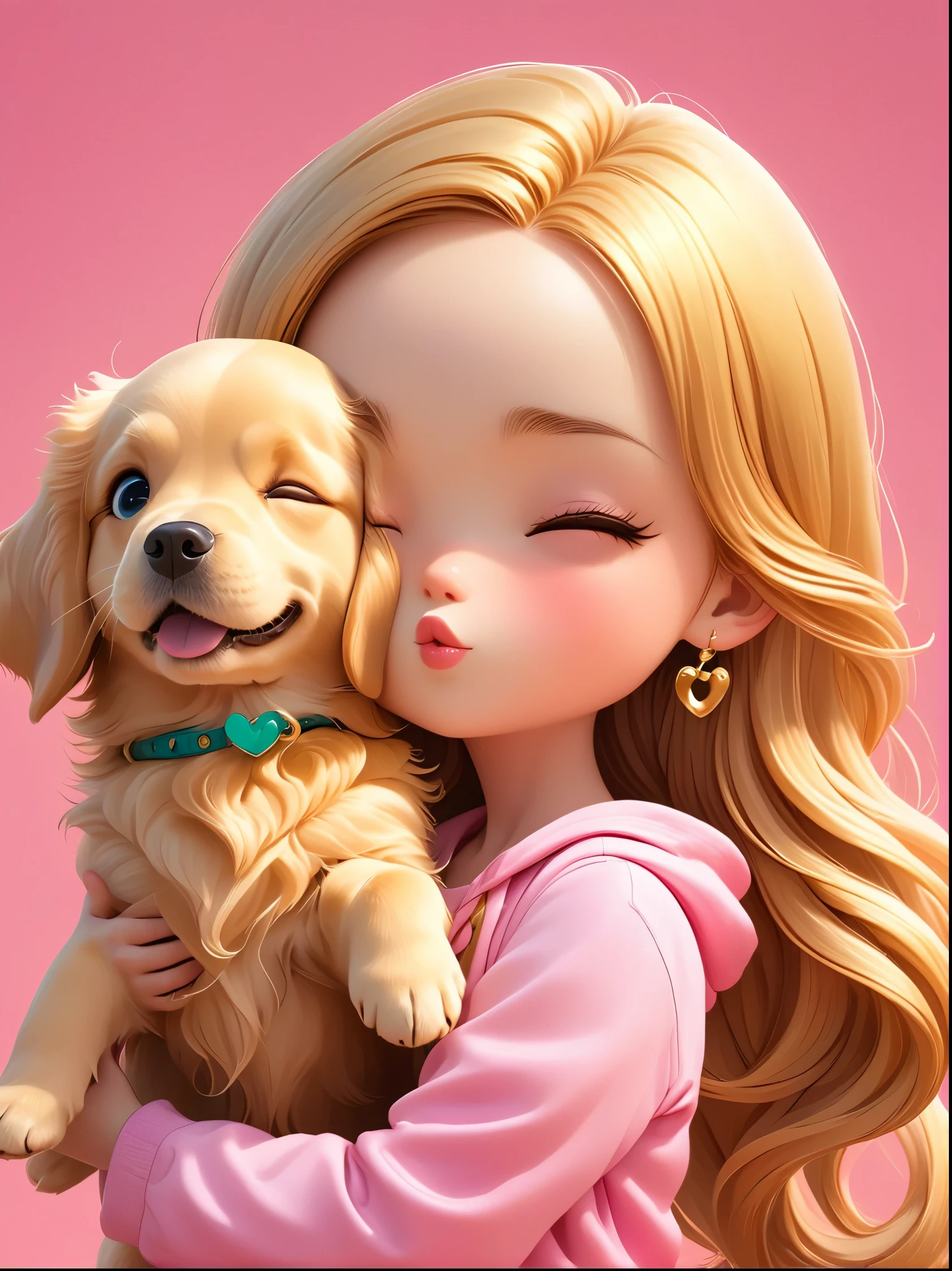 Long hair,Wearing a pink，Holding a golden retriever dog，(Close one eye:1.6)，3D Rendering，Solid color background，close up，chibi anime，Surrealism，cartoon Q version, by Tiago Hoisel