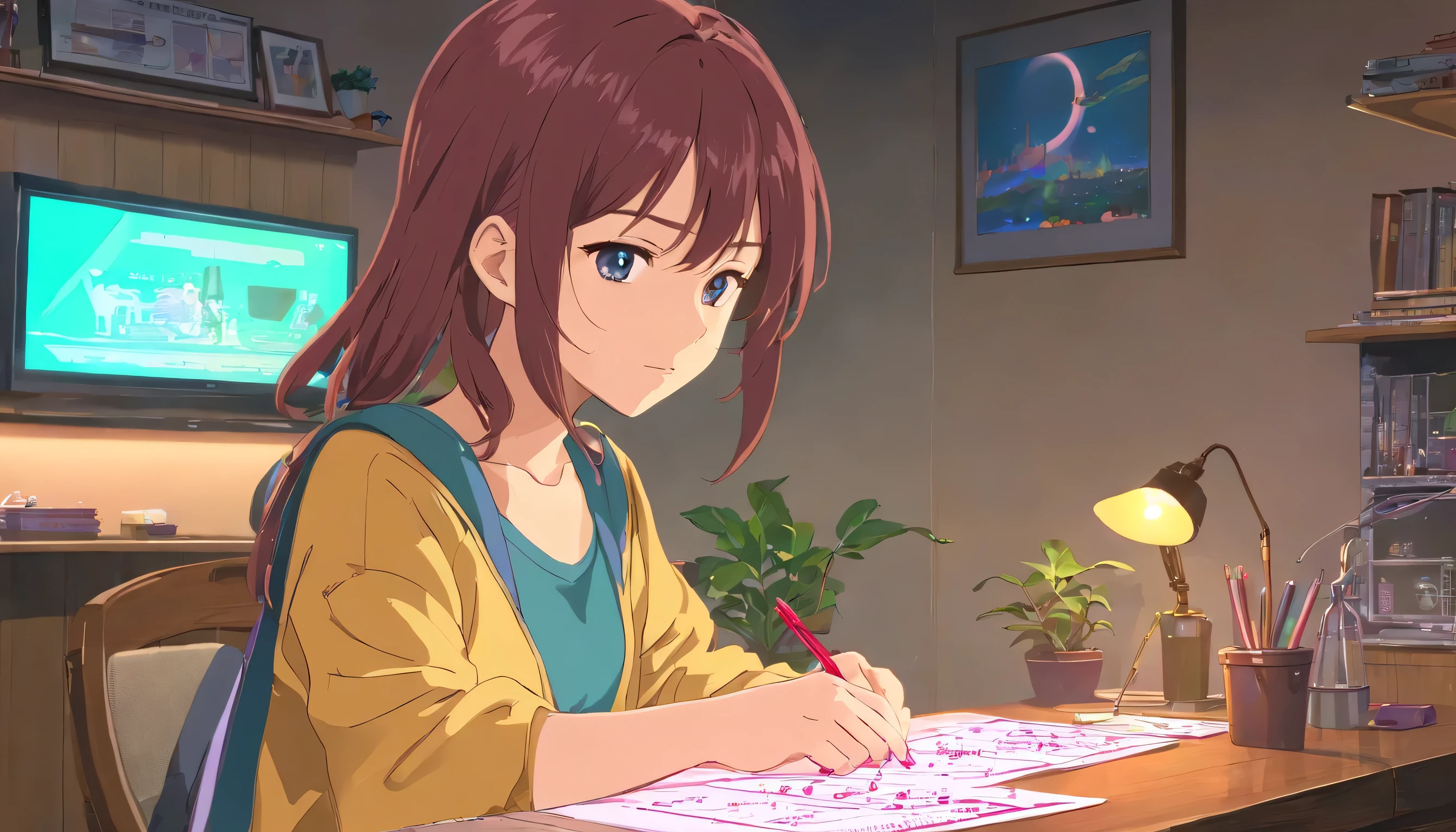 (Tabletop:1.5, highest quality:1.5), ((Vaporwave Style, Partially colored)),In a cozy apartment, Girl studying diligently at desk alone,Dimly lit room,Stylish and warm lighting, Coffee on the desk,I can see the moon from the window,A room decorated with plants