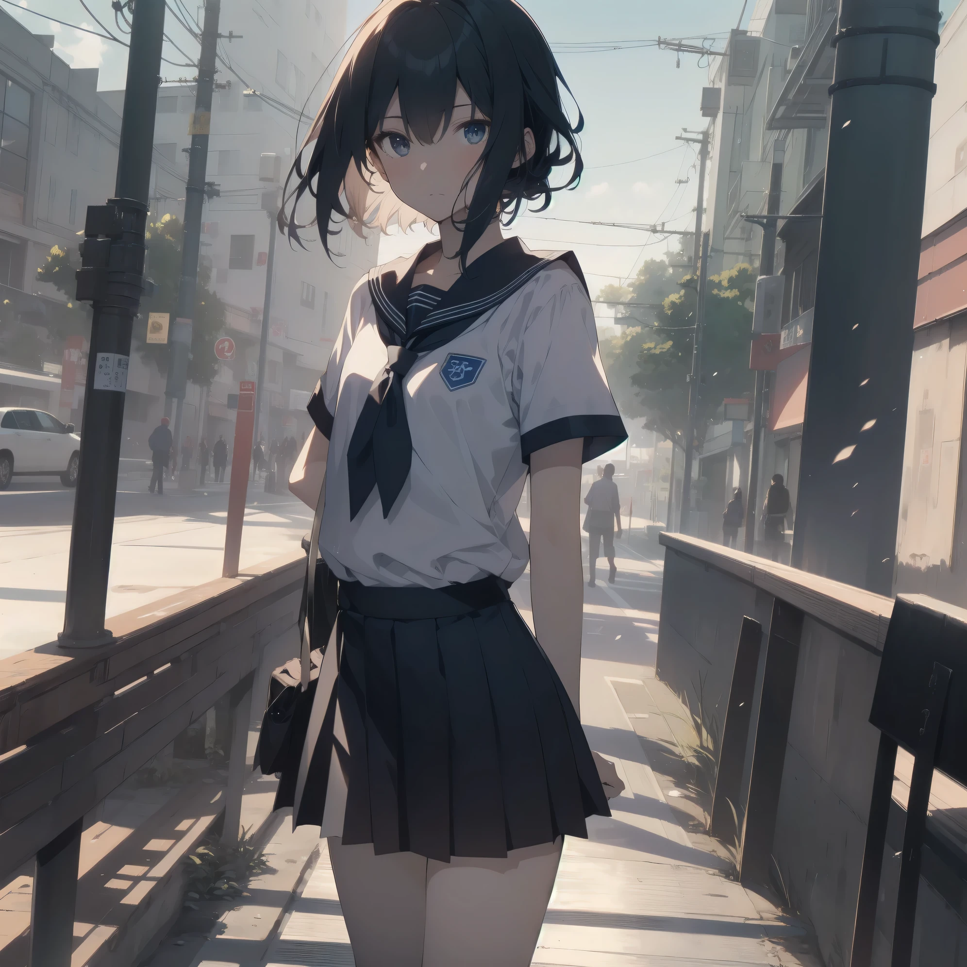 ultra-absurdres-Top quality by artist God, ultra-detailed, high resolution, anime moe artstyle, best anime 8k konachan wallpaper, pixiv contest winner, pool:2810, perfect anatomy,break, 1girl, (Please draw a girl walking to school alone. )break,(Solo,little female, 13-year-old:1.3),Full limbs, complete fingers,a junior high school student, (very short hair), short cut, flat chest, , small butt, small black eyes, beautiful detailed eyes, well-proportioned iris and pupils, expressive eyes, highres detailed hair, soft expression, school_uniform, serahuku, neckerchief, short sleeves, pleated skirt,(Detailed Lighting), (Detailed background), in the School commute route. break,super detailed skin, Best cinematic lighting powered by famous artist, 8k,beauty illustration,photoshop_(medium),very aesthetic,break,((artist:tianliang_duohe_fangdongye )), artist:bolze ,artist:oyari ashito ,artist:kantoku ,