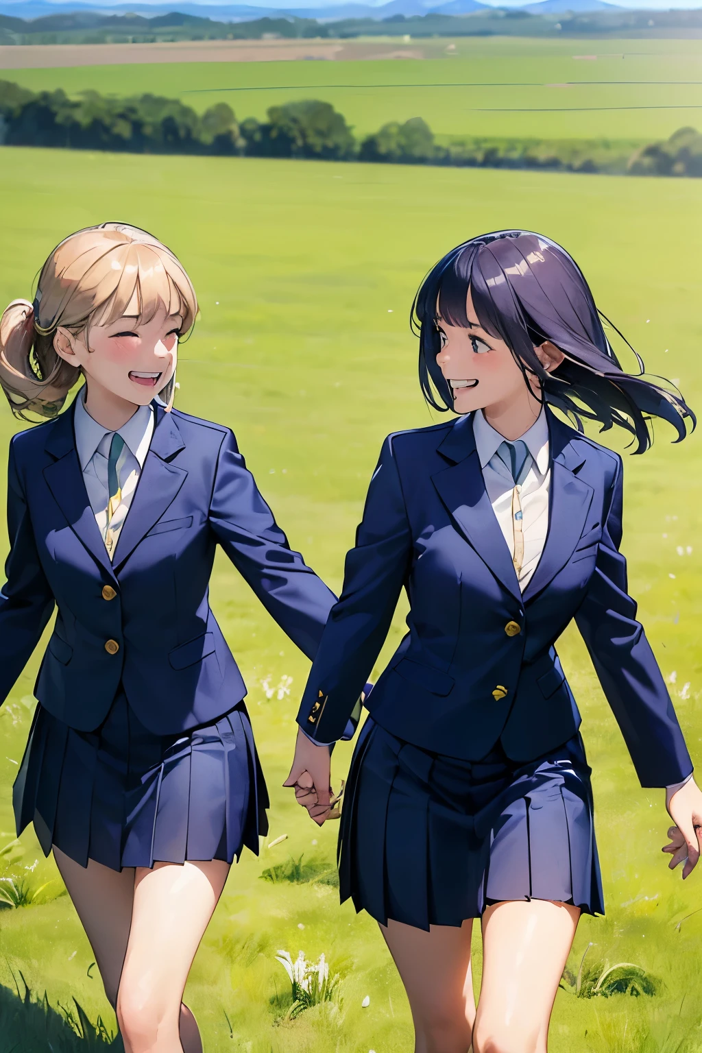 ((best quality)), ((masterpiece)), ((detailed)), (((perfect face))), (((12yo girls in navy blue suit, skirts))), (((laughing:1.4))), (((grass field))), (((walking))), (((looking at each other)))