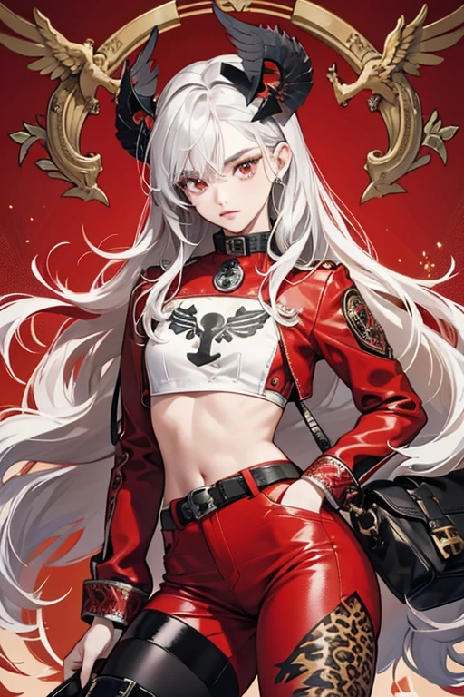 outfit consists of a white tube top with a cheetah print cross at the front over the chest, surrounded by red print which depicts an emblem with a winged dragon at the bottom of the cross with a star at the upper corner, each surrounded with leaf designs akin to engravings. The lower right side of the back of the shirt reads "Liberty is not License". With this top, Anna wears a pair of red, leather hot pants with a black skull design on the right leg and two black crosses on each back pocket. Anna also wears a thin black belt with a small silver buckle. Anna's shoes are thigh-high red boots laced up to the top with brighter red collars and matching bright red soles. This outfit is accessorized with a silver watch on Anna's left arm. SPARKLE; GLITTER